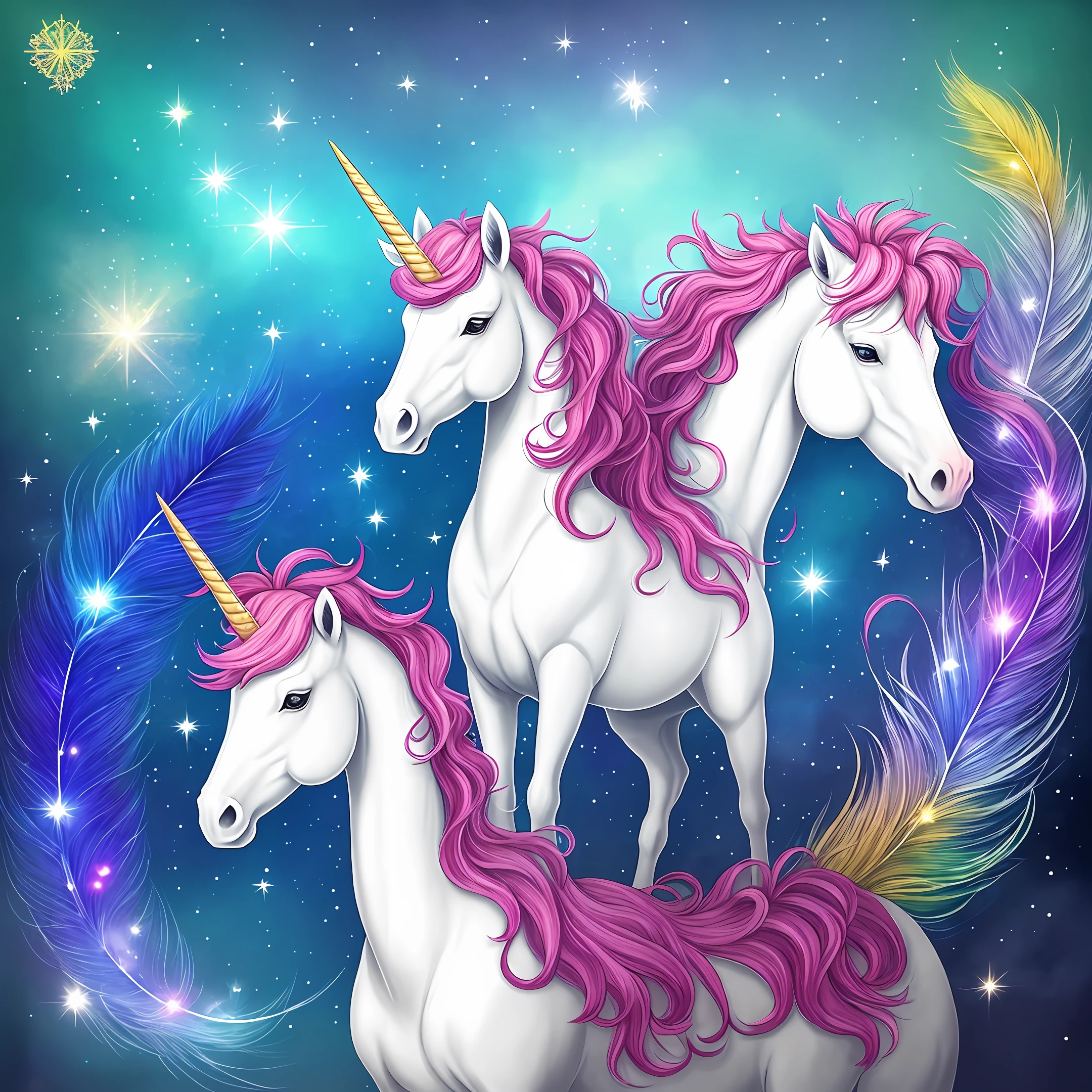 The unicorn is tall and majestic，Covered in colorful long feathers，It's like a magnificent satin wrapped around your body。His face has well-defined facial features，The eyes are as bright as jewels，Long eyelashes cover a pair of gentle and mysterious eyes。

The unicorn's head has a graceful and luxurious horn，tas***The ground is bent above the head，Radiates a bright glow。Their tails are mostly made of long colored feathers，Much like a peacock's tail，It makes people feel like they are in a fairy tale world。

According to legend，The body and blood of the unicorn are able to heal、Exorcism、Purified，Therefore, it is endowed with a strong guardian and protective power，It became a symbol of the Spirit Protector。