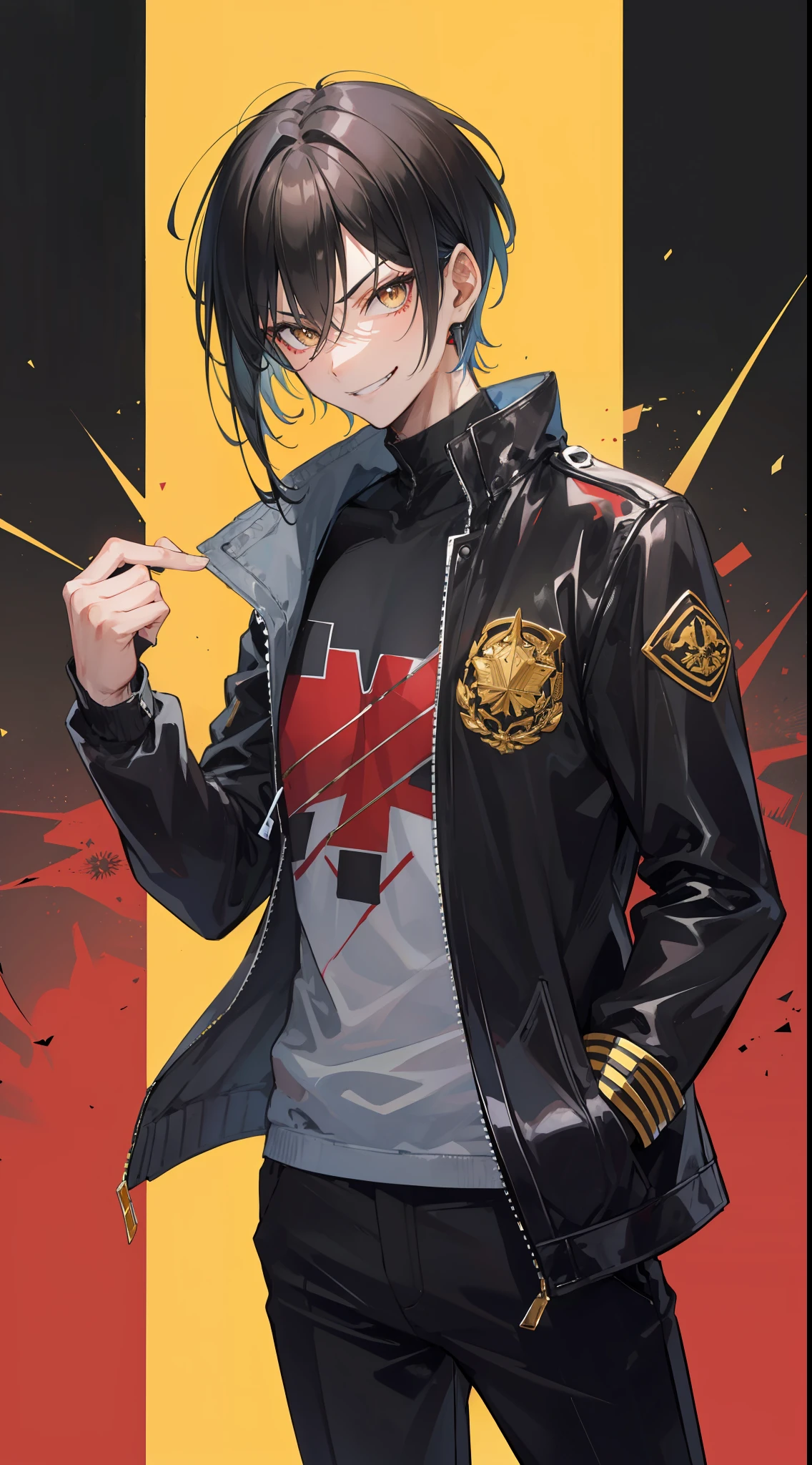 A man, black hair and gold eyes, sharp short hair, wearing a jacket, was standing at a crossroads, badass, mascular, evil smile