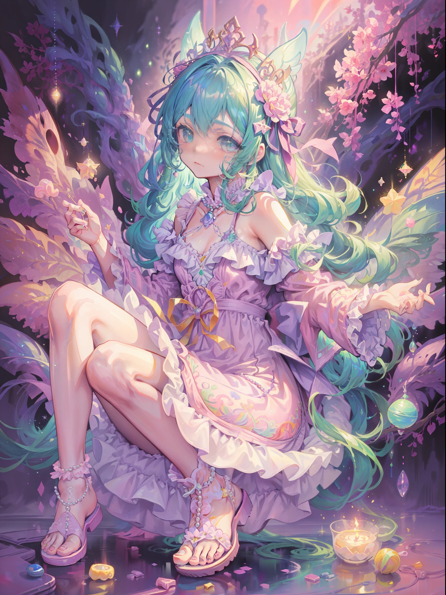 Pearls adorned with pastel pink dresses and hair accessories、Ren Hao、And hair dyed in candy color。With shining green eyes that play innocently、Glitter sandals dancing brilliantly。A beautiful girl who is somehow mysterious like a fairy, detail eye