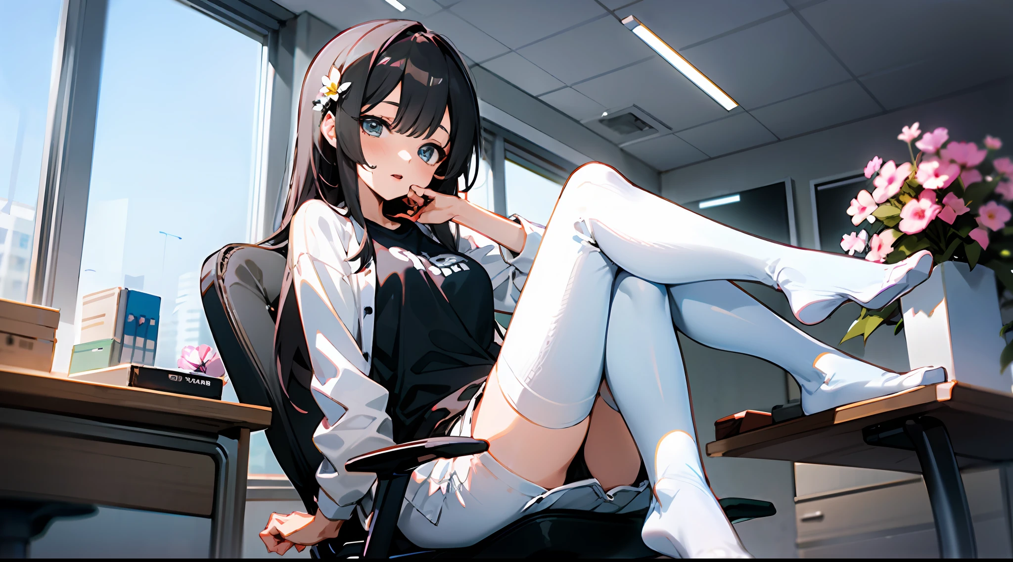 girl, dressed in only one long T-shirt and white stockings in the form of flowers, sitting on an office chair sexy