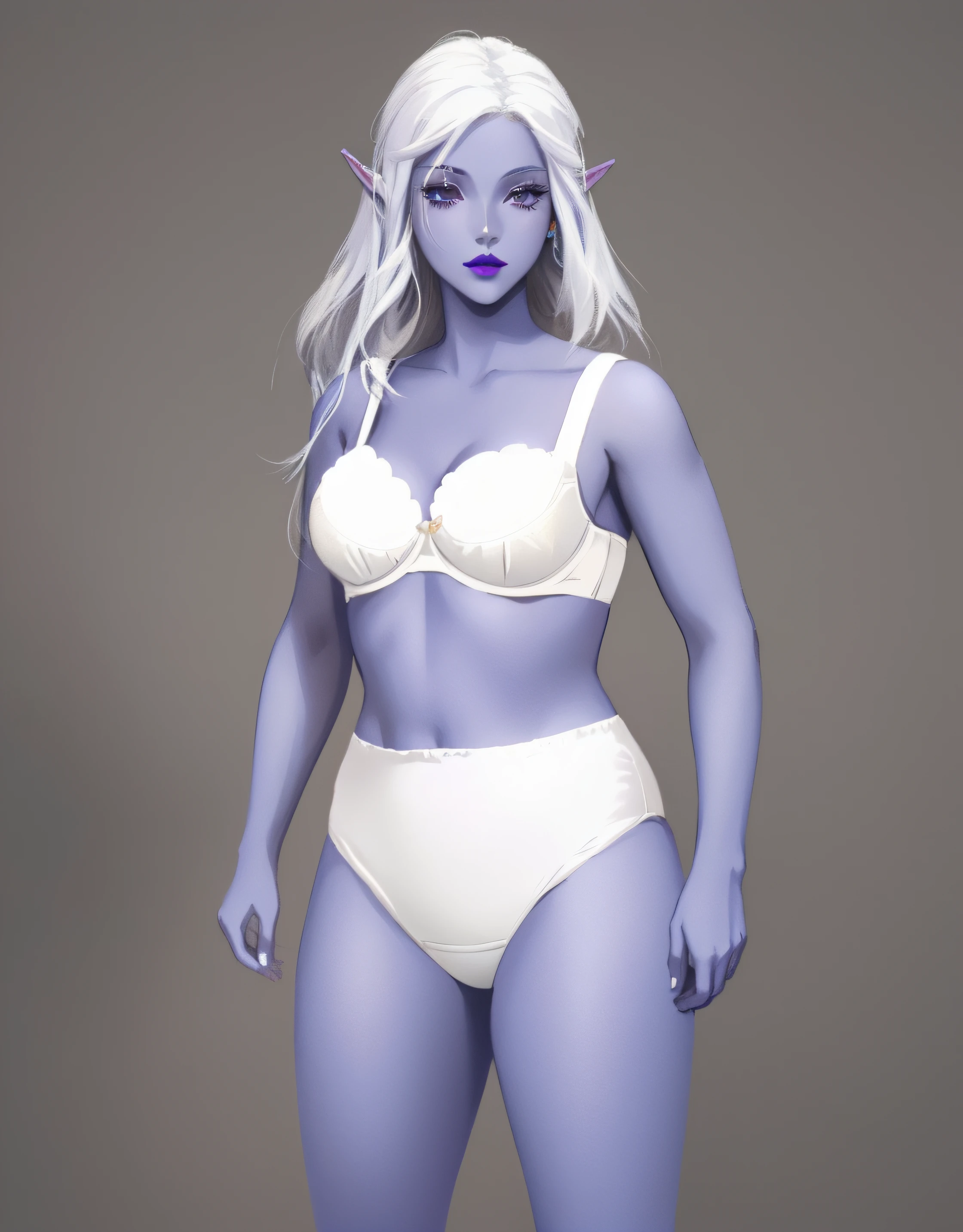 Dark Elf woman with white hair, in white bra, and white high cut panties, purple lipstick, anime art style, intricate details