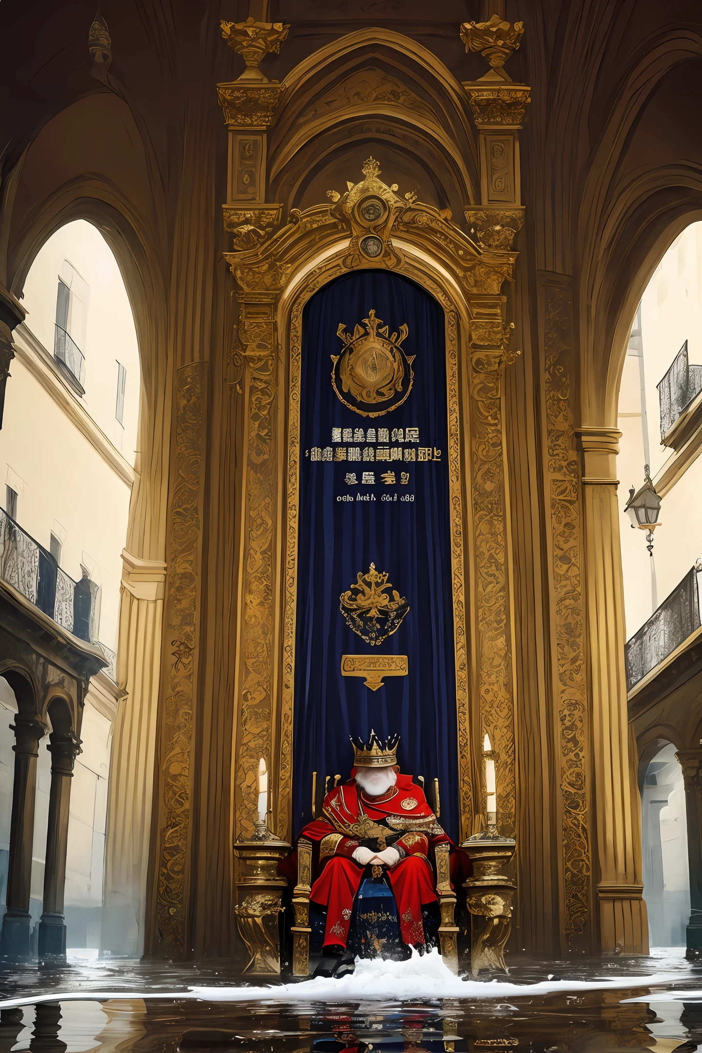 The old male emperor sitting on the throne in the center of the city of Grasse，The throne is a very damp place full of puddles and leaks，splendid，Be intimidating，ornate armour，A palatial crown，vague background，natural lightting，，looking_at_viewer，独奏，Highly detailed 8K