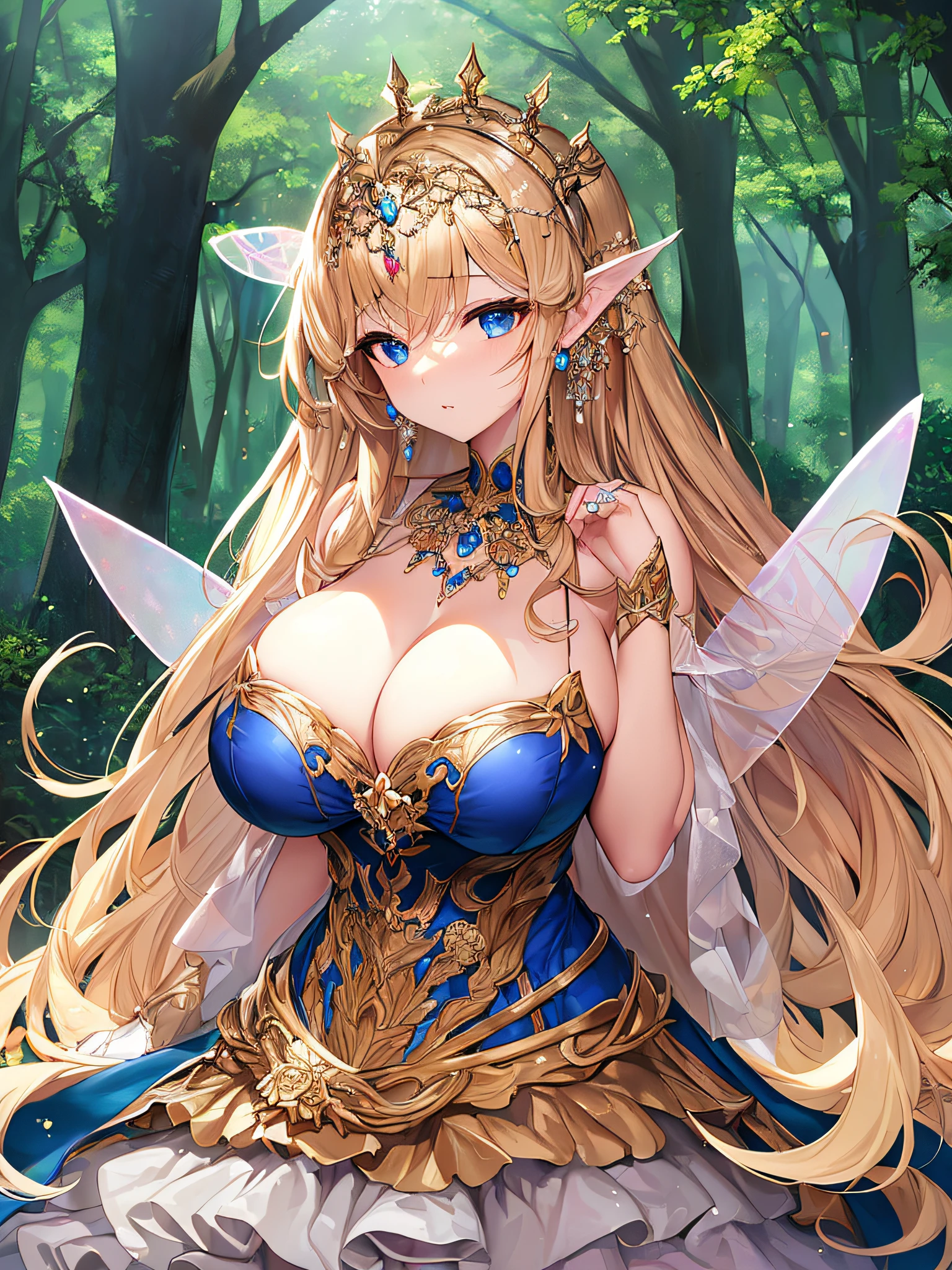 ((anime artstyle)),(Masterpiece),(Best Quality), (Super Detail),((Very Delicate and Beautiful)),Focus on character,Dynamic Angle,Looking at viewer,((Solo)),standing,((full body)),((one fairy tale princess in gorgeous ballgown with voluminous skirt)),detailed face and eyes,fairy wings,jewel-like eyes,((Very Long voluminous Hair)),gorgeous embroidery and lace,See-through,ornate ruffles,(Gorgeous jewelry ornaments),luxury hair ornament,luxury tiara with jewels,(gigantic breasts,Long breasts),(outdoor,fairy tale forest),fairy tale atmosphere,jeweled ballgown,full body,((gorgeous ballgown with voluminous skirt)),