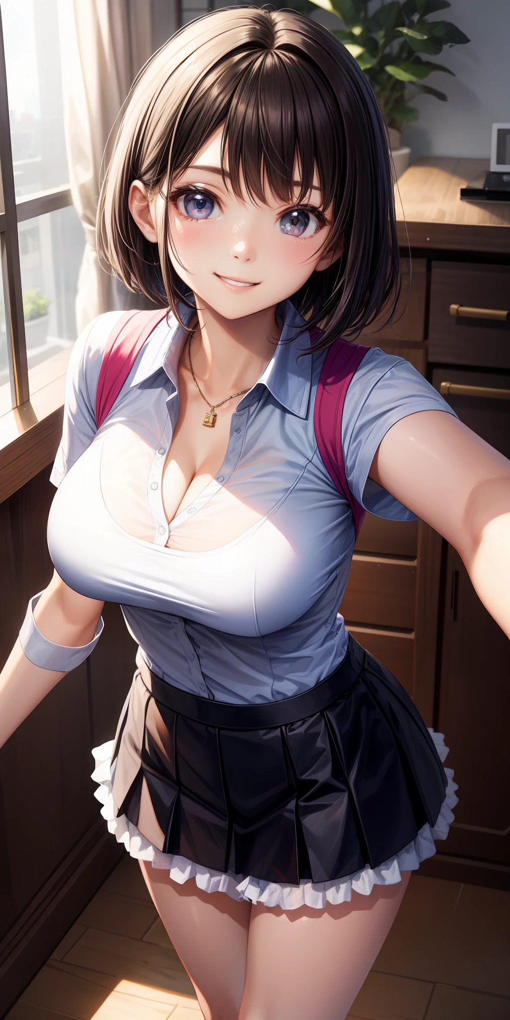 realisticlying、女の子 1 人、selfee、Polo shirt、Wearing a ruffled miniskirt、Breasts slightly larger、Emphasis on transparent cleavage in clothes、Smile、A sexy、Hair Very Short