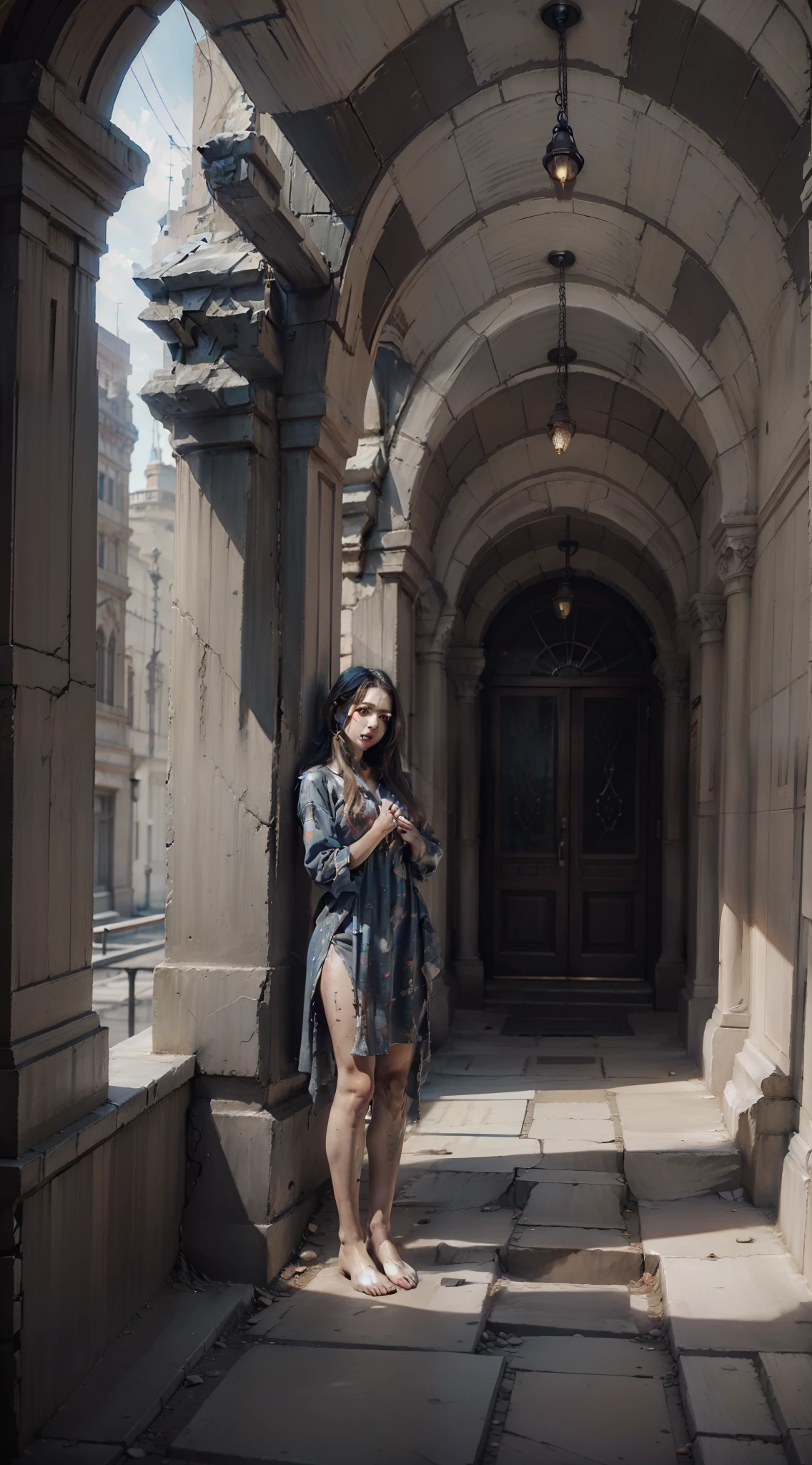 （Realistis：1.4）A high resolution，ultra detali，textures true to reality，Bold textures，Crazy textures,（masterpiece，best quality，Highly detailed CG paintings），A beautiful woman in ragged clothes by the pillar，beautiful a girl，Long hair，After the war，standing solo，Visible all over the body。