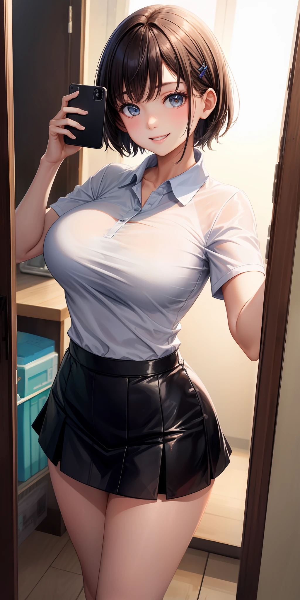 realisticlying、 1 人、selfee、Polo shirt、Wearing a ruffled miniskirt、Breasts slightly larger、Emphasis on transparent cleavage in clothes、Smile、A sexy、Hair Very Short