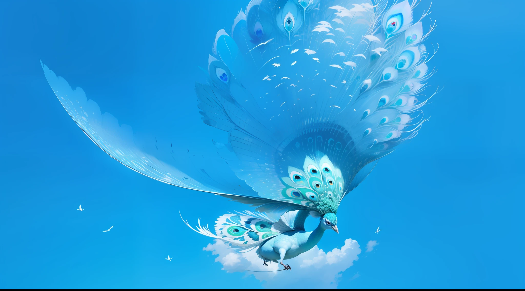 A long tail、White peacock with large wings，Spread your wings and fly in the air。The wings spread upwards，The wing area occupies a quarter of the picture，The length of the tail is one-third the width of the picture。 --auto