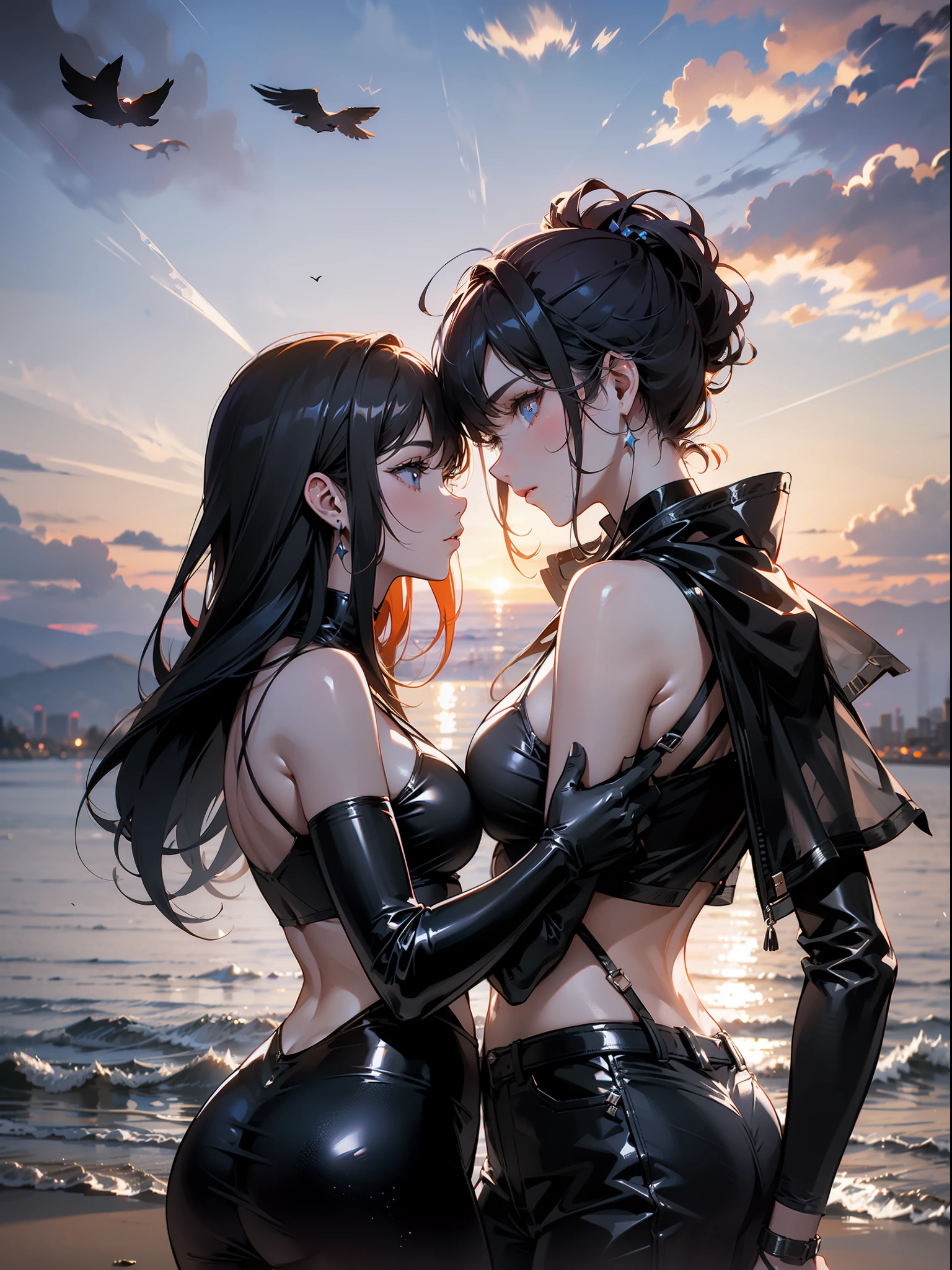 Sunset Beach，The black silhouette of the backlit side character is enhanced，Background backlit，couple kissing，The contrast between light and dark is obvious，1080p Ultra HD，HD mech costume apocalyptic scene。