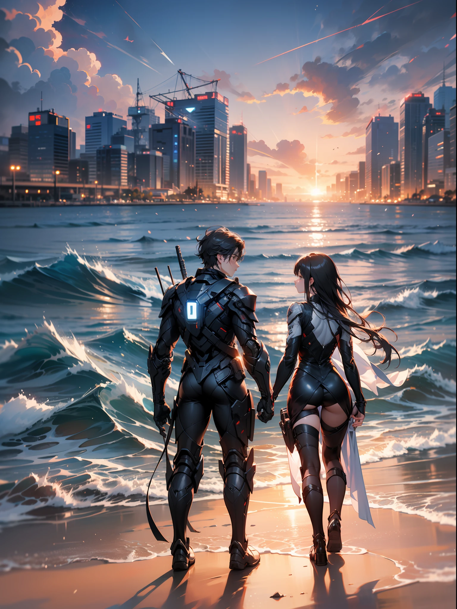 Sunset Beach,The black silhouette of the backlit side character is enhanced,Background backlit,couple kissing,The contrast between light and dark is obvious,1080p Ultra HD,HD mech costume apocalyptic scene。