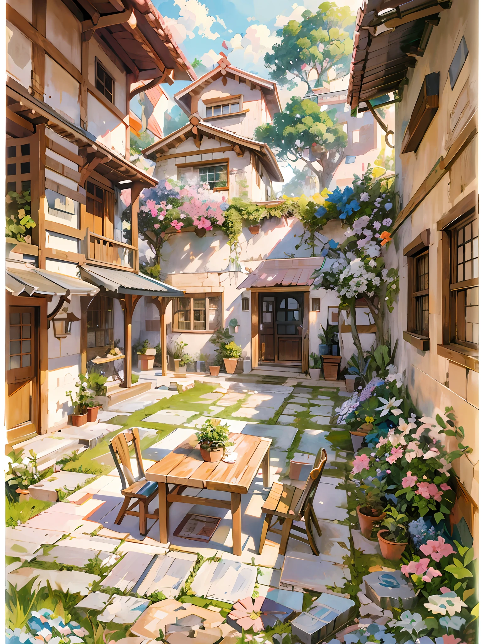painting of a courtyard with a table and chairs and a bench, anime background art, relaxing concept art, anime scenery concept art, immensely detailed scene, a beautiful artwork illustration, detailed scenery —width 672, studio ghibli environment, highly detailed scene, environment design illustration, beautiful anime scene, ghibli studio style, anime scenery, detailed soft painting, environment painting