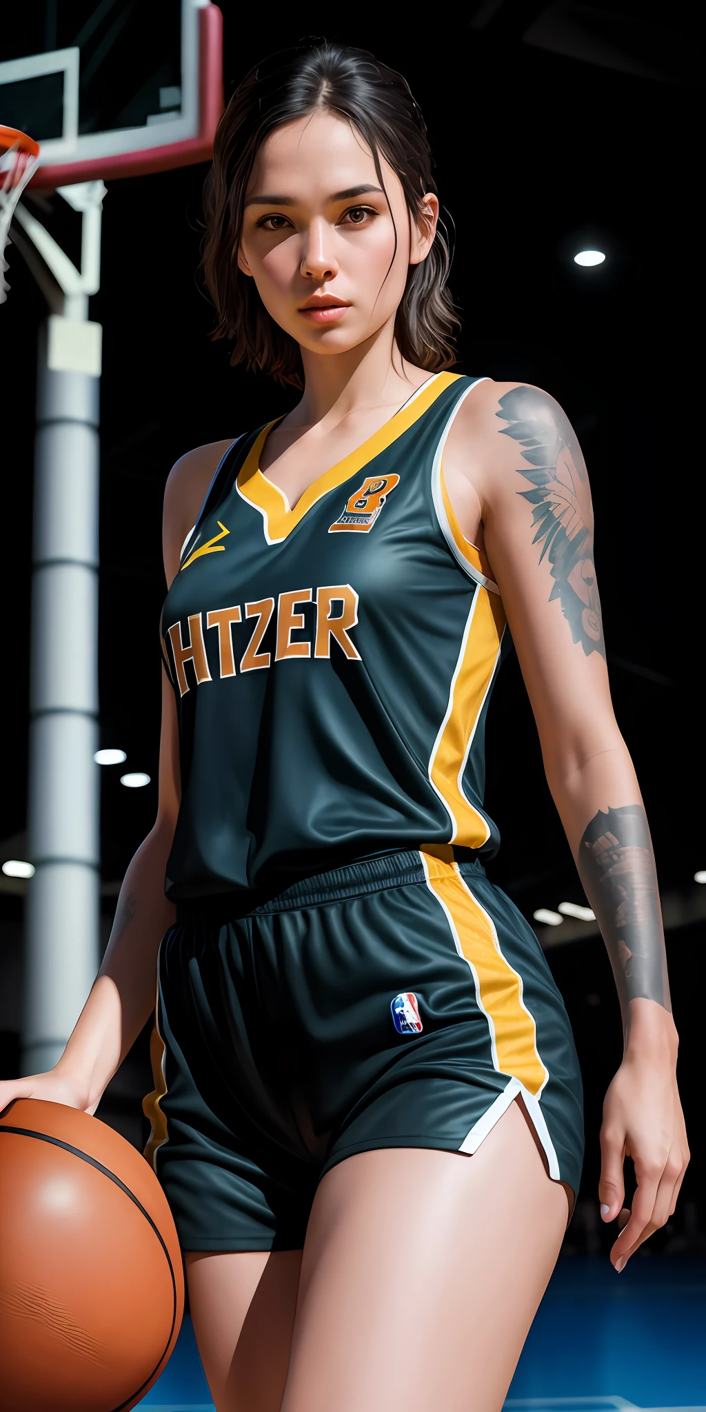 beautiful mature college girl, wearing basketball outfit, in basketball court, ((slim, petite)), photorealistic, photo, masterpiece, realistic, realism, photorealism, high contrast, photorealistic digital art trending on Artstation 8k HD high definition detailed realistic, detailed, skin texture, hyper detailed, realistic skin texture, armature, best quality, ultra high res, (photorealistic:1.4),, high resolution, detailed, raw photo, sharp re, by lee jeffries nikon d850 film stock photograph 4 kodak portra 400 camera f1.6 lens rich colors hyper realistic lifelike texture dramatic lighting unrealengine trending on artstation cinestill 800, full colored tattoo on both arms, tatto