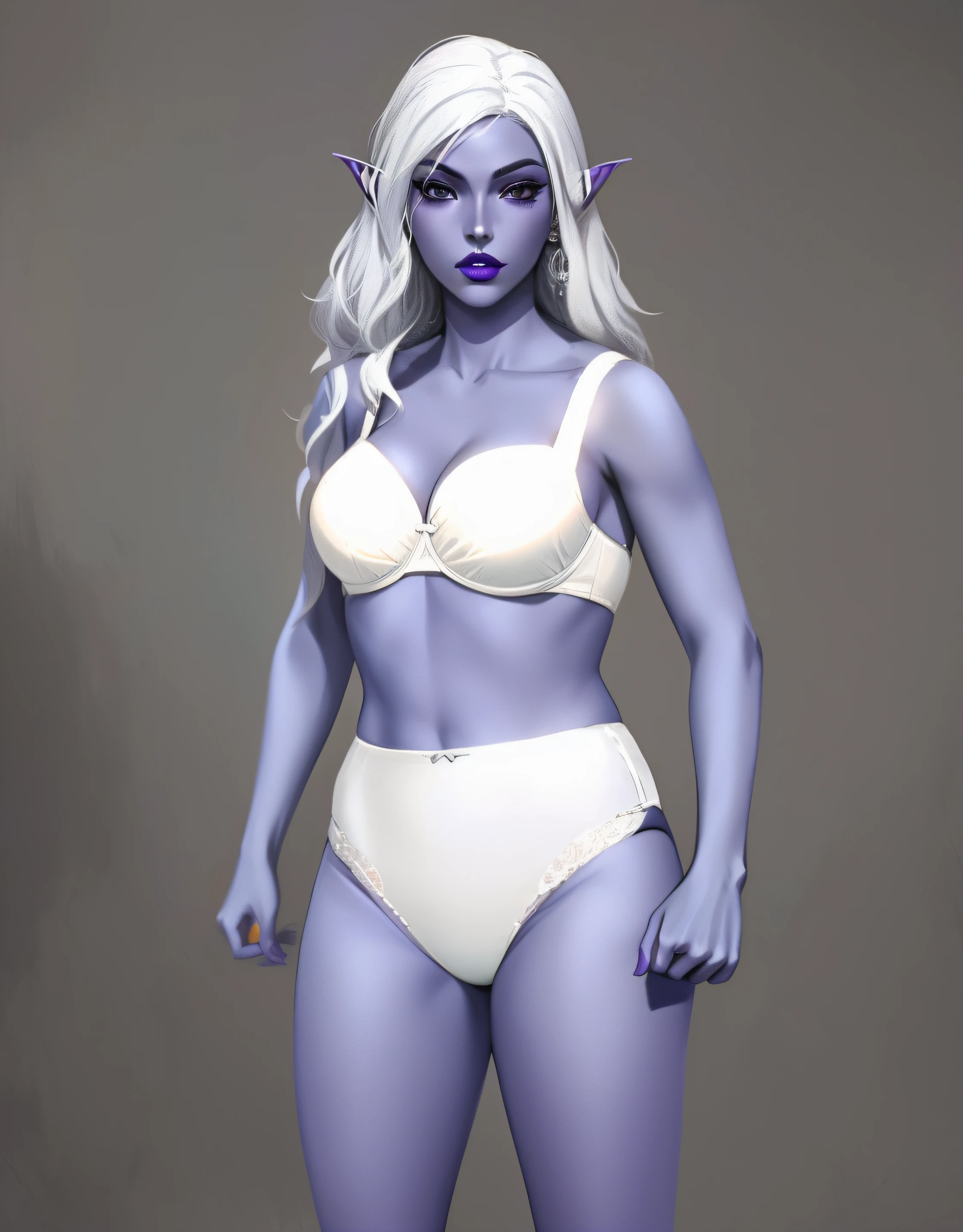 Dark Elf woman with white hair, in white bra, and white high cut panties, purple lipstick, anime art style, intricate details