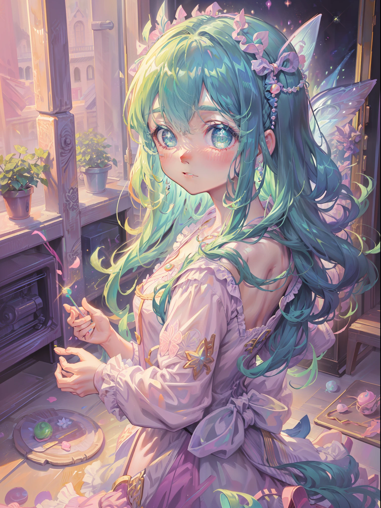 Pearls adorned with pastel pink dresses and hair accessories、Ren Hao、And hair dyed in candy color。With shining green eyes that play innocently、detailed eyes, Glitter sandals dancing brilliantly。A beautiful girl who is somehow mysterious like a fairy,