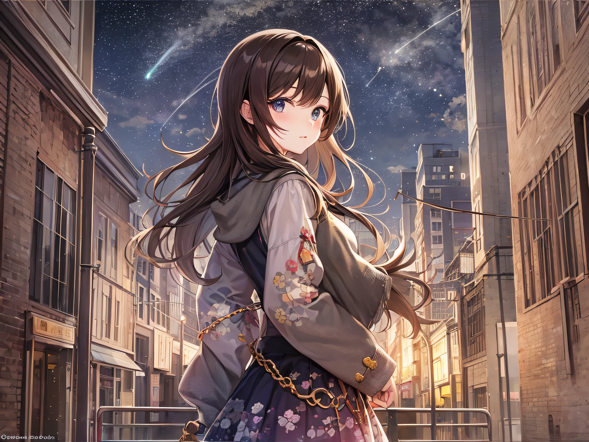 ((Anime girl with brown hair)), constellation、Beautiful night view