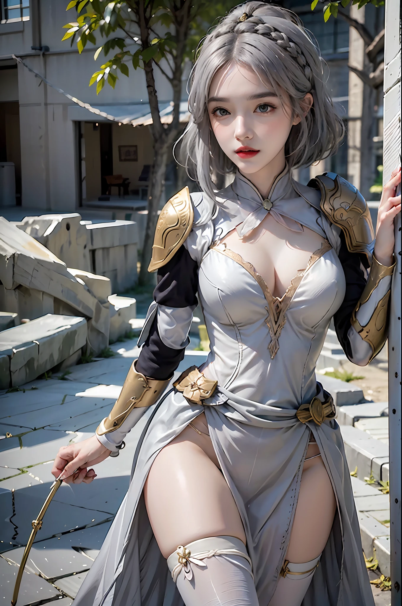 photorealistic, high resolution, 1 girl, hips up, beautiful eyes, braid, armor, braided bangs, short hair, grey hair, hair ornament, rose, dress, noelle_\(genshin_impact\)