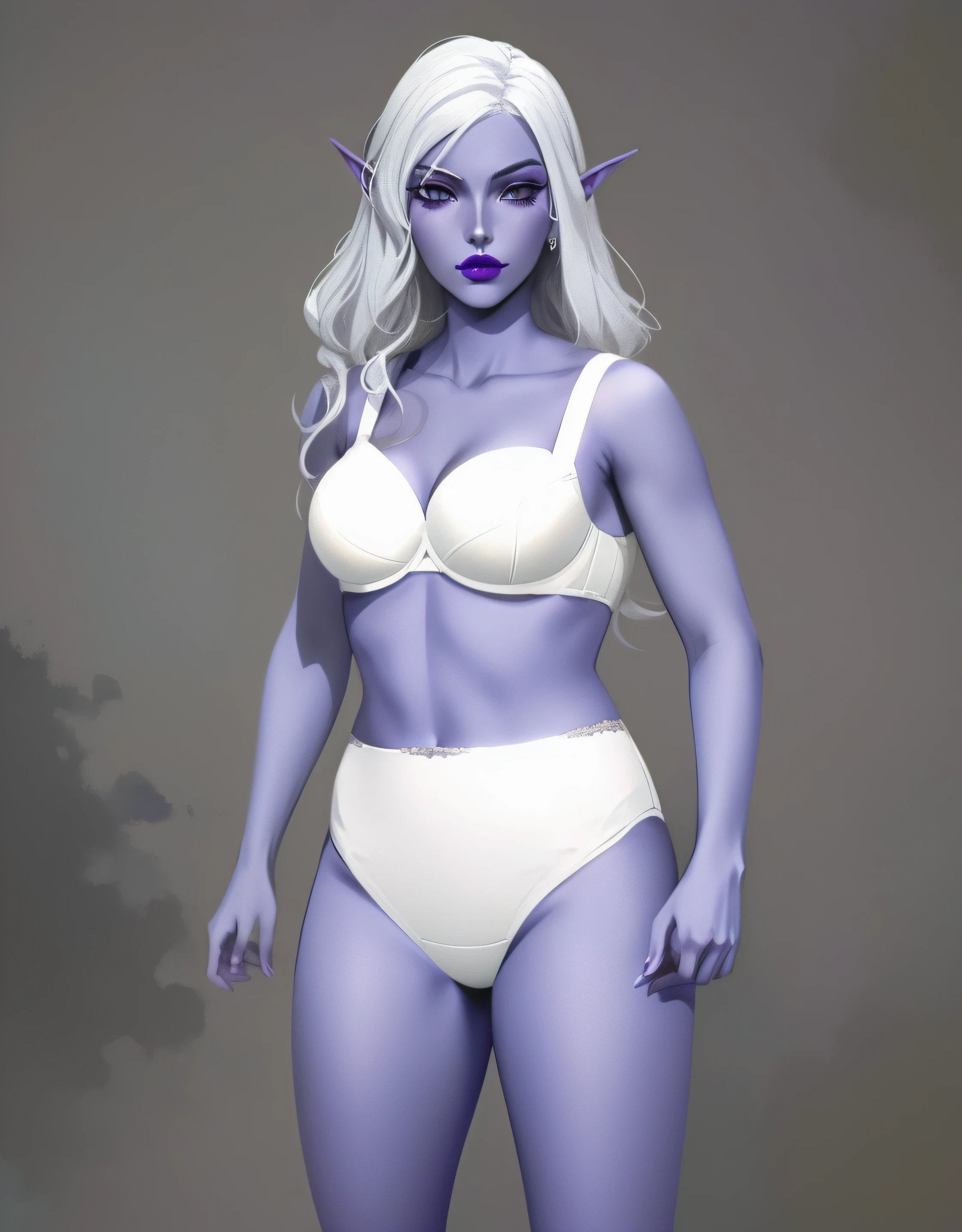 Dark Elf woman with white hair, in white bra, and white high cut panties, purple lipstick, anime art style, intricate details