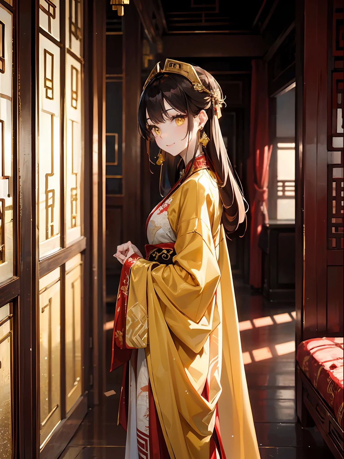 1 woman，Yellow eyes，red color Hanfu，Wedding dress，((Black coiled hair))，Faraway view，Bright lighting，Wears a gold coat on his head，gold earring，ssmile，Stand in the room，a backdrop of：Ancient Chinese wedding room，