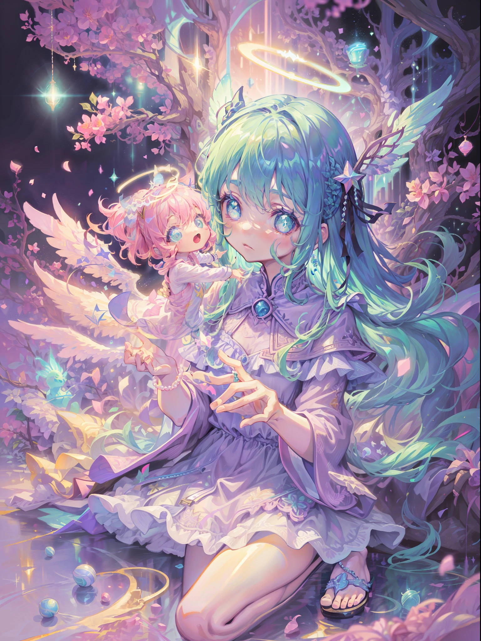 Pearls adorned with pastel pink dresses and hair accessories、Ren Hao、And hair dyed in candy color。With shining green eyes that play innocently、detailed eyes, Glitter sandals dancing brilliantly。A beautiful girl who is somehow mysterious like a angel, The halo, the angel's spring,