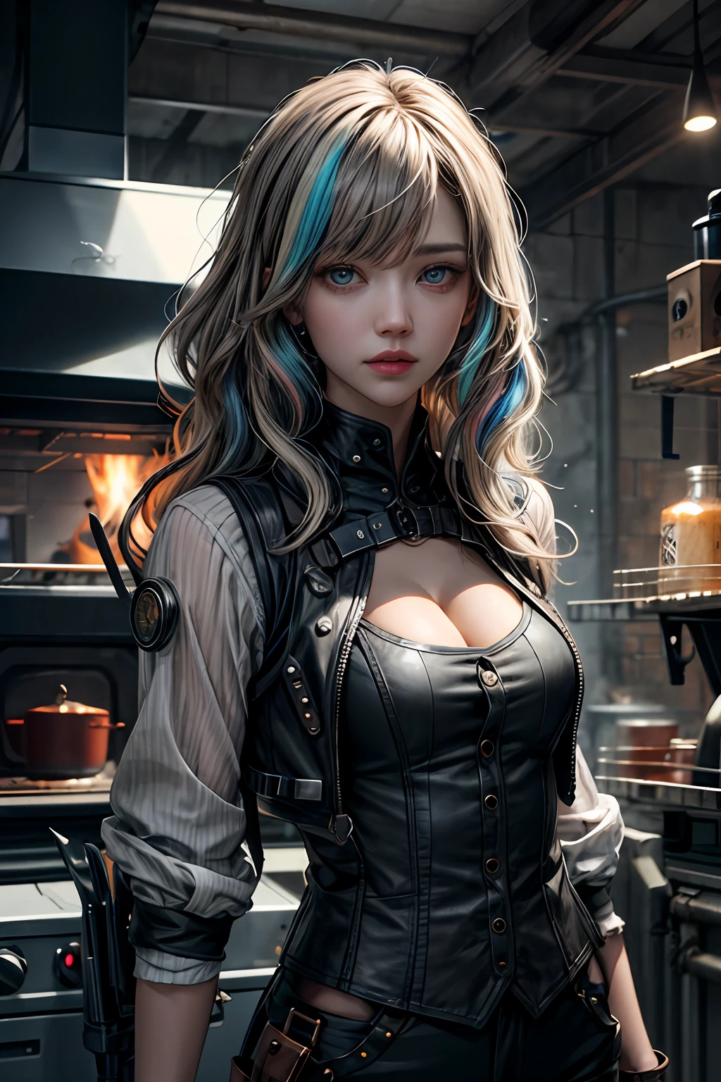 jessicaalba、(absurderes、large resolution、ultra detali)、1womanl、matural female、the old man、longwavy hair、Split color hair、heterochromia iridis、bangss、manga comprida、finely eye and detailed face、highly detailed CG unit 8k wallpaper、intricate-detail、(Style Last Magic:0.8)、(medieval cyborg:0.8)、portraitures、(bloody wounds:0.7)、looking at the viewers、独奏、Half Shot、细致背景、(Steampunk Theme:1.1)Determined representation、 Technomancer Dark Cow、floating lights、Colorful leather vest with gear、tech wear、jetpacks、Workshop in the background、Machines、gear、steams、Industry、technological、oven、impurity、anvil、buttoning、levers、automaton、electricity、electric sparks epic atmosphere、、portraitures