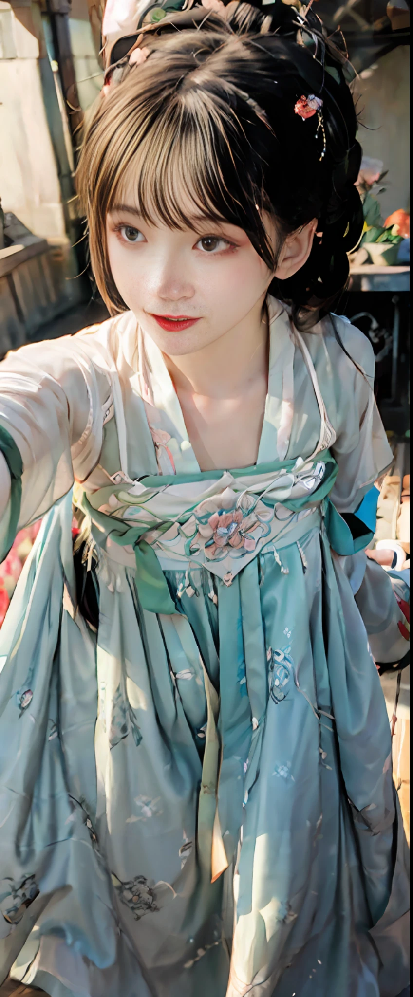 A beautiful woman in a white mop dress and Hanfu,Hyper-realistic close-up,closeup of face,CG close-up,Antique background,The 8K wide hem is embroidered with a pink pattern,Wear a rose bodice with thin cicada wings,The waist is tied with green and green sprinkled soft tobacco skirt,Covered with a white plum cicada wing yarn that mops the floor