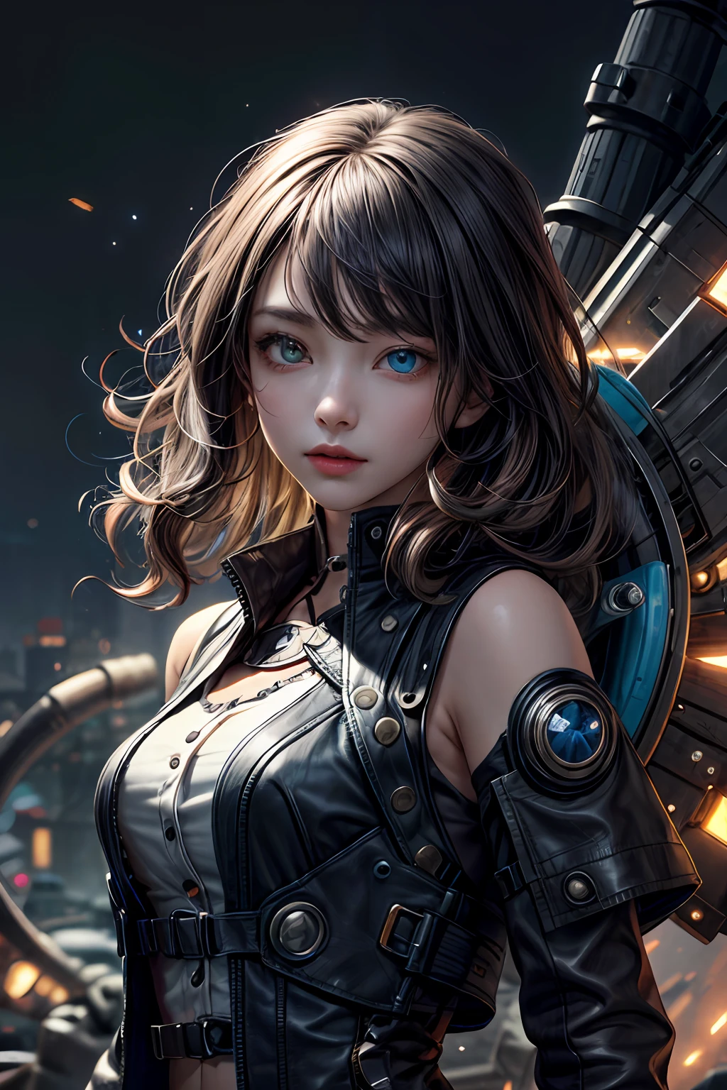 (steampunc)、(absurderes、large resolution、ultra detali)、1womanl、matural female、longwavy hair、Split color hair、heterochromia iridis、bangss、manga comprida、finely eye and detailed face、highly detailed CG unit 8k wallpaper、intricate-detail、(Style Last Magic:0.8)、(medieval cyborg:0.8)、portraitures、(bloody wounds:0.7)、looking at the viewers、独奏、Half Shot、细致背景、Determined representation、 Technomancer Dark Cow、floating lights、Colorful leather vest with gear、tech wear、jetpacks、Workshop in the background、Many pipes、joint、makina、Big gears、steams、Industry、technological、impurity、anvil、buttoning、levers、automaton、electricity、electric sparks epic atmosphere、