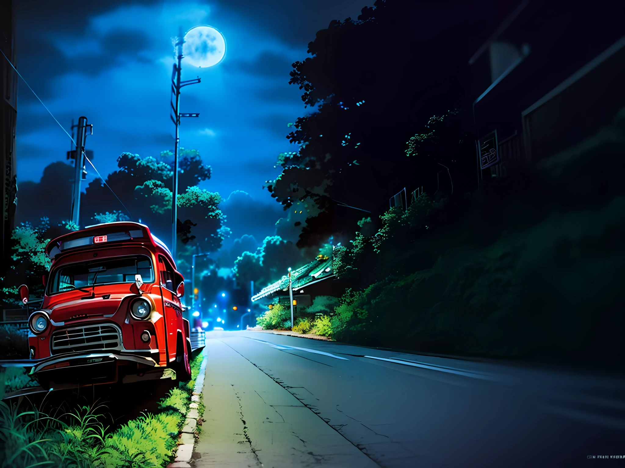 anime scene of a red truck parked on the side of a road, kodakchrome : : 8 k, a firetruck at night, anime style mixed with fujifilm, red and cinematic lighting, anime”, amazing wallpaper, nighttime photography, high quality wallpaper, style of akira motion movie, amazing color photograph, night time scene, medium shot. by hayao miyazaki