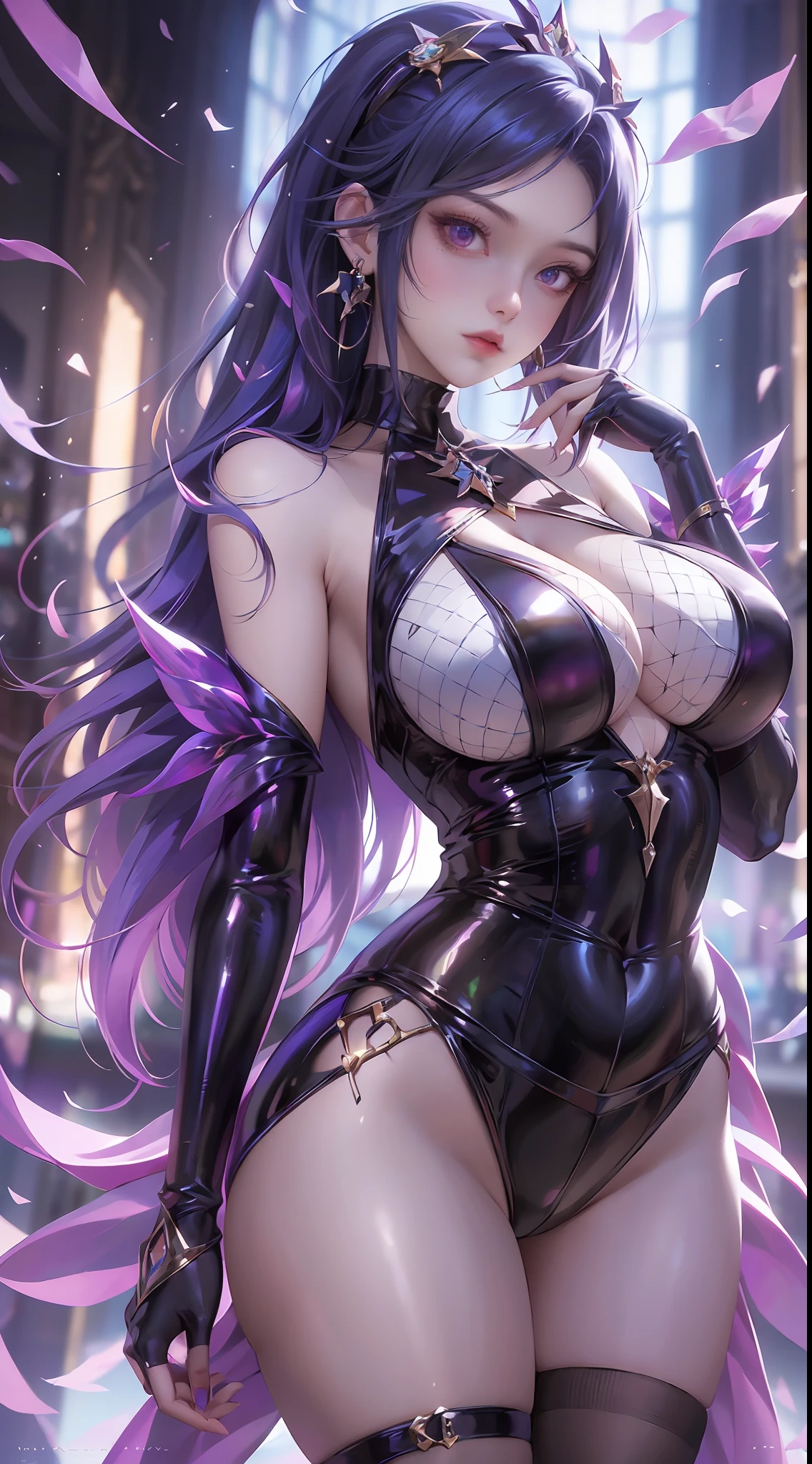 「In a breathtaking masterpiece in portrait form、Showcasing the highest quality artistry。The subject of this artwork is、It's one girl captured in amazing detail。」Pixiv Anime Realism Trends、Shibitai Perfect Body Perfect Face、hands not visible、Shot from the waist up、gigantic-breast、Minamoto of the Destiny Grand Order、Signature Tight Purple Bodysuit、