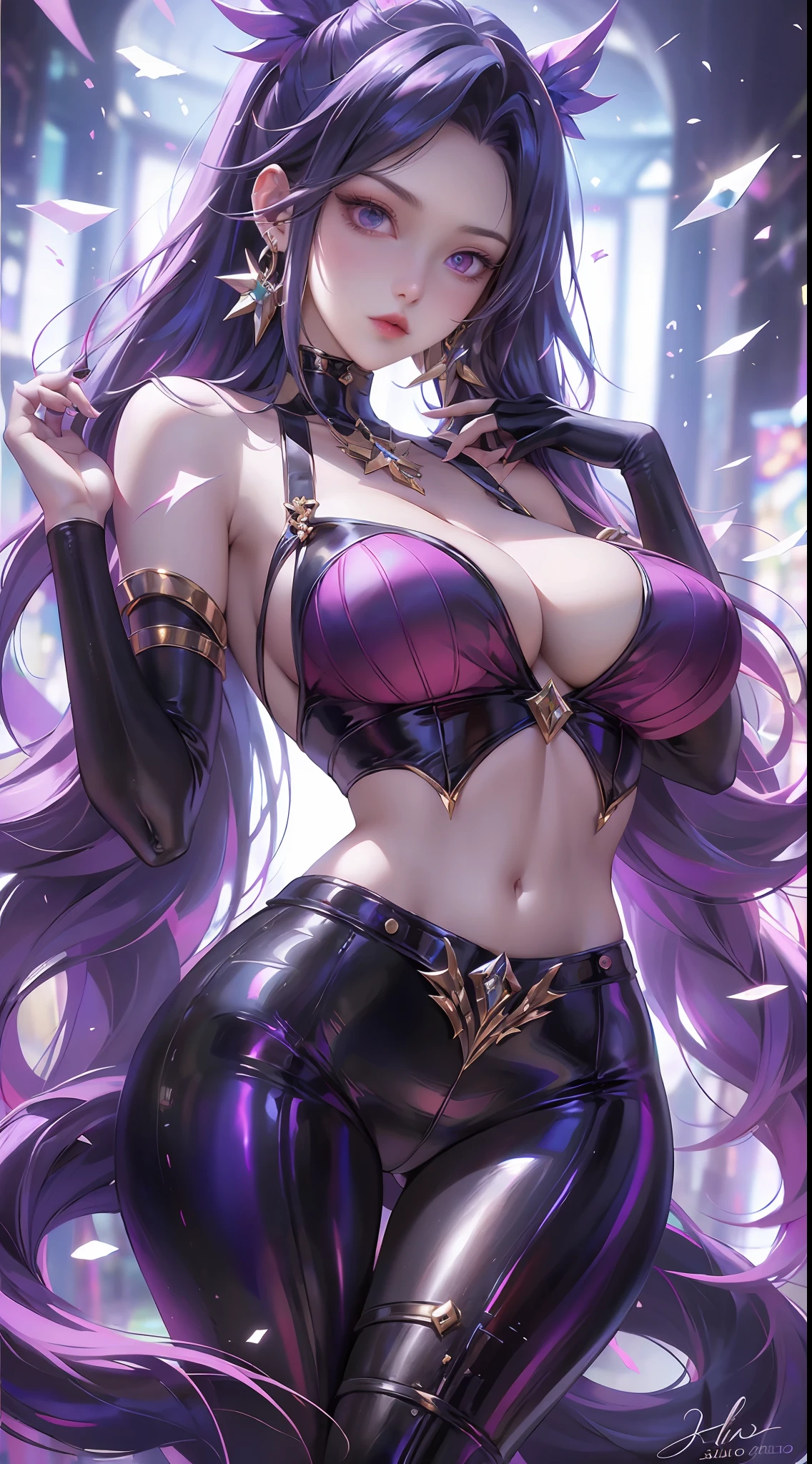「In a breathtaking masterpiece in portrait form、Showcasing the highest quality artistry。The subject of this artwork is、It's one girl captured in amazing detail。」Pixiv Anime Realism Trends、Shibitai Perfect Body Perfect Face、hands not visible、Shot from the waist up、gigantic-breast、Minamoto of the Destiny Grand Order、Signature Tight Purple Bodysuit、sexy, nasty