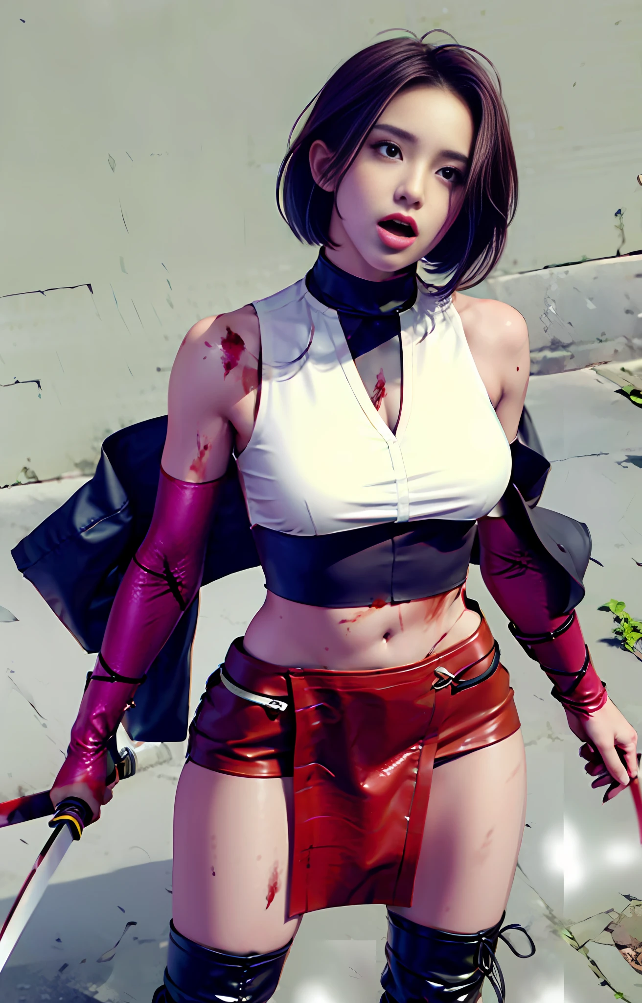 offcial art，extremely detailed CG Unity 8k wallpapers，best quailty，tmasterpiece，A high resolution，Pretty girl ninja，short haircut，Black cut top leather armor，Brown belt，Scabbards on thighs，Japanese Katana Sword，Leather gloves，Black mini leather skirt，Black over-the-knee flat boots，Tight Leather，Small face，The skirt leaks， Spread her legs，with no underpants，bloods，{{Bloody scars on the stomach}}，Blood at the corners of the mouth，Stick out your tongue，wounded in fight，killed in fight，{{Corpse}}, {{Look up}},{{half closed eye}},rolling her eyes,{{dead body}},