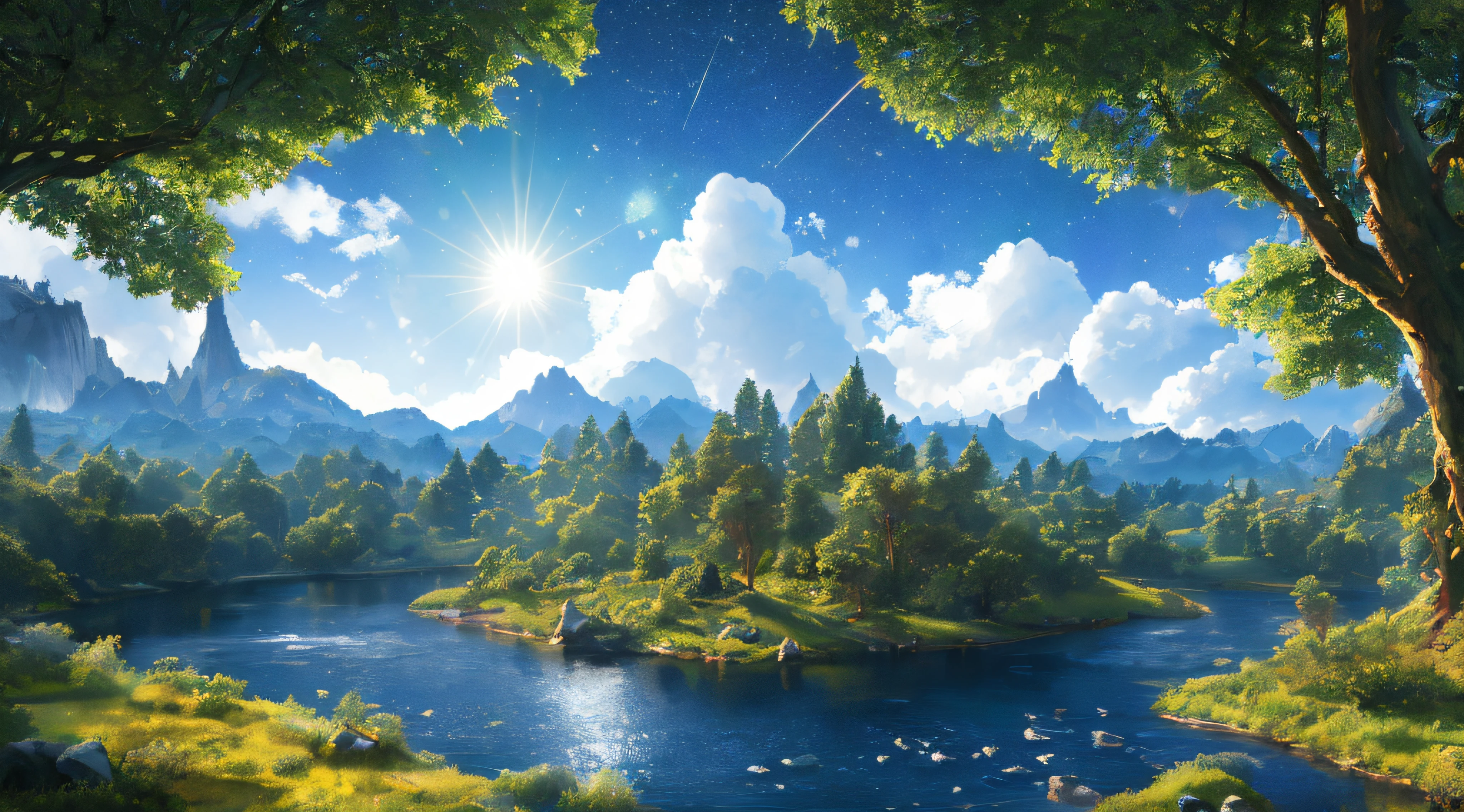 Illustration of a hyperrealistic , otherworldly, ultrasky scene featuring a giant crystal tree full body,very detailed and magical lighting, intricate forest details, vegetation and river around, solarpunk ,landscape, giant tree, beatifull leafy with beautiful lighting and realistic proportions, as if it were a cinematic background, 8k, highest quality, masterpiece, clouds and stars in the sky.
