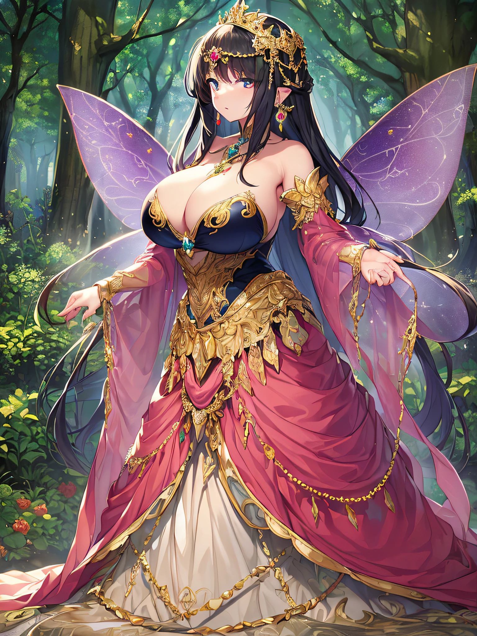 ((anime artstyle)),(Masterpiece),(Best Quality), (Super Detail),((Very Delicate and Beautiful)),Focus on character,Dynamic Angle,Looking at viewer,((Solo)),standing,((full body)),((one fairy tale princess in gorgeous ballgown with voluminous skirt)),detailed face and eyes,fairy wings,jewel-like eyes,((Very Long voluminous Hair)),gorgeous embroidery and lace,See-through,ornate ruffles,(Gorgeous jewelry ornaments),luxury hair ornament,luxury tiara with jewels,(gigantic breasts,Long breasts),(outdoor,fairy tale forest),fairy tale atmosphere,jeweled ballgown,full body,((gorgeous ballgown with voluminous skirt)),