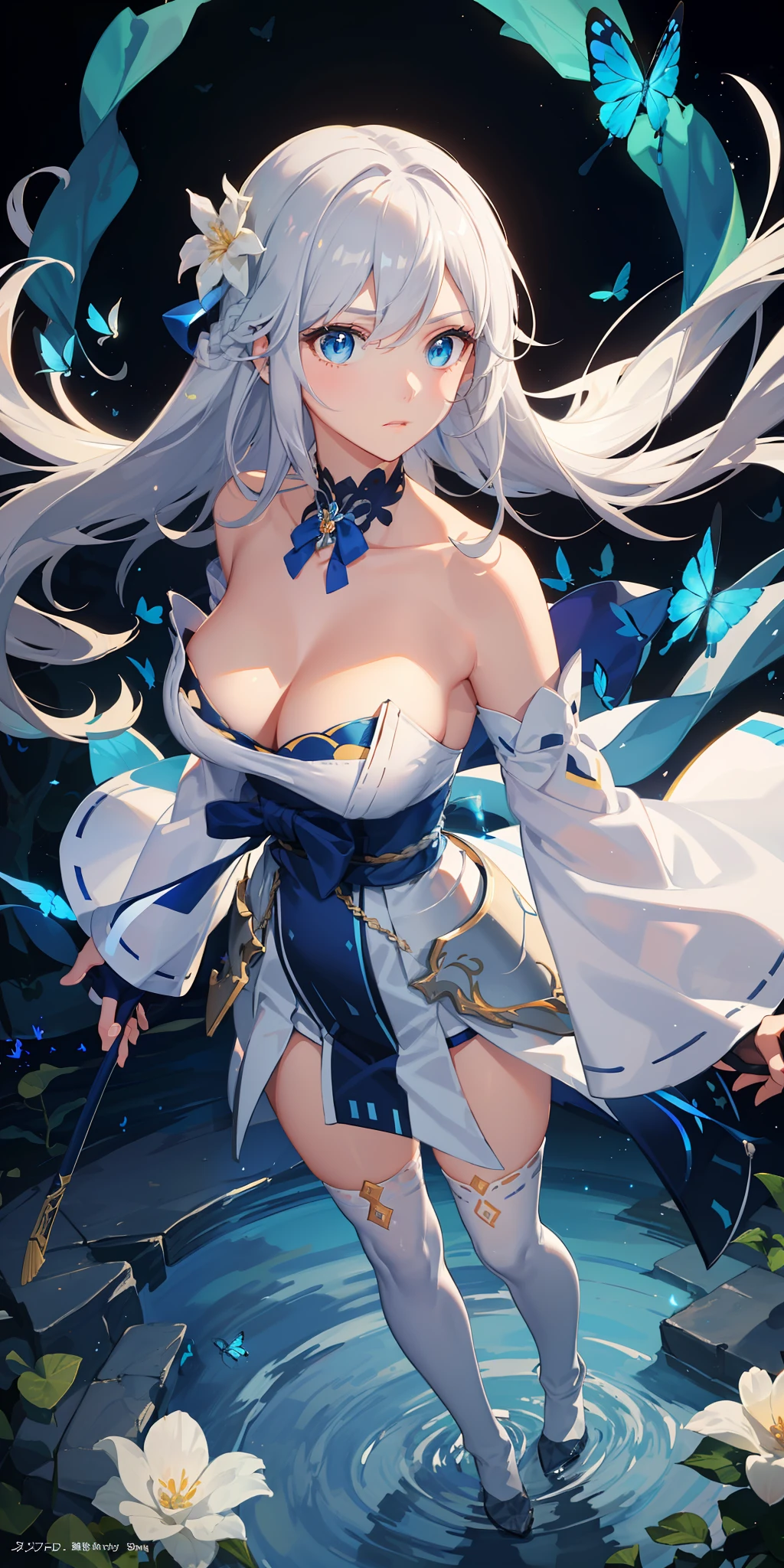 (Overhead view),dynamic angle,ultra-detailed, illustration, close-up, straight on, 1girl, (fantasy:1.4), (azure blue eyes:1.233),Her eyes shone like dreamy stars,(glowing eyes:1.233),(beautiful and detailed eyes:1.1),(Silver hair:1.14),(messy hair,very long hair,french braid,hair between eyes,sidelocks), (+(bule hair flower:1.14)),(chiffon dress,bule flower pattern in uniform)/=(military uniform:1.24),(detached sleeves,wide sleeves),(fingerless gloves),choker,(miko thighhighs),High heeled boots,(expressionless,closed mouth),(standing), (classical Princess boudoir with dressing tableand french windowin a white ancient palaces),(white flowers,bloom),(abysmal sea),(flowing water),(a dull blue world tree:1.14),(ruins),(night:1.2),dreamy,soul,(fluorescence),(flying translucent blue butterflies:1.15), [[delicate fingers and hands:0.55]::0.85],(detail fingers),(yubao:0.5),