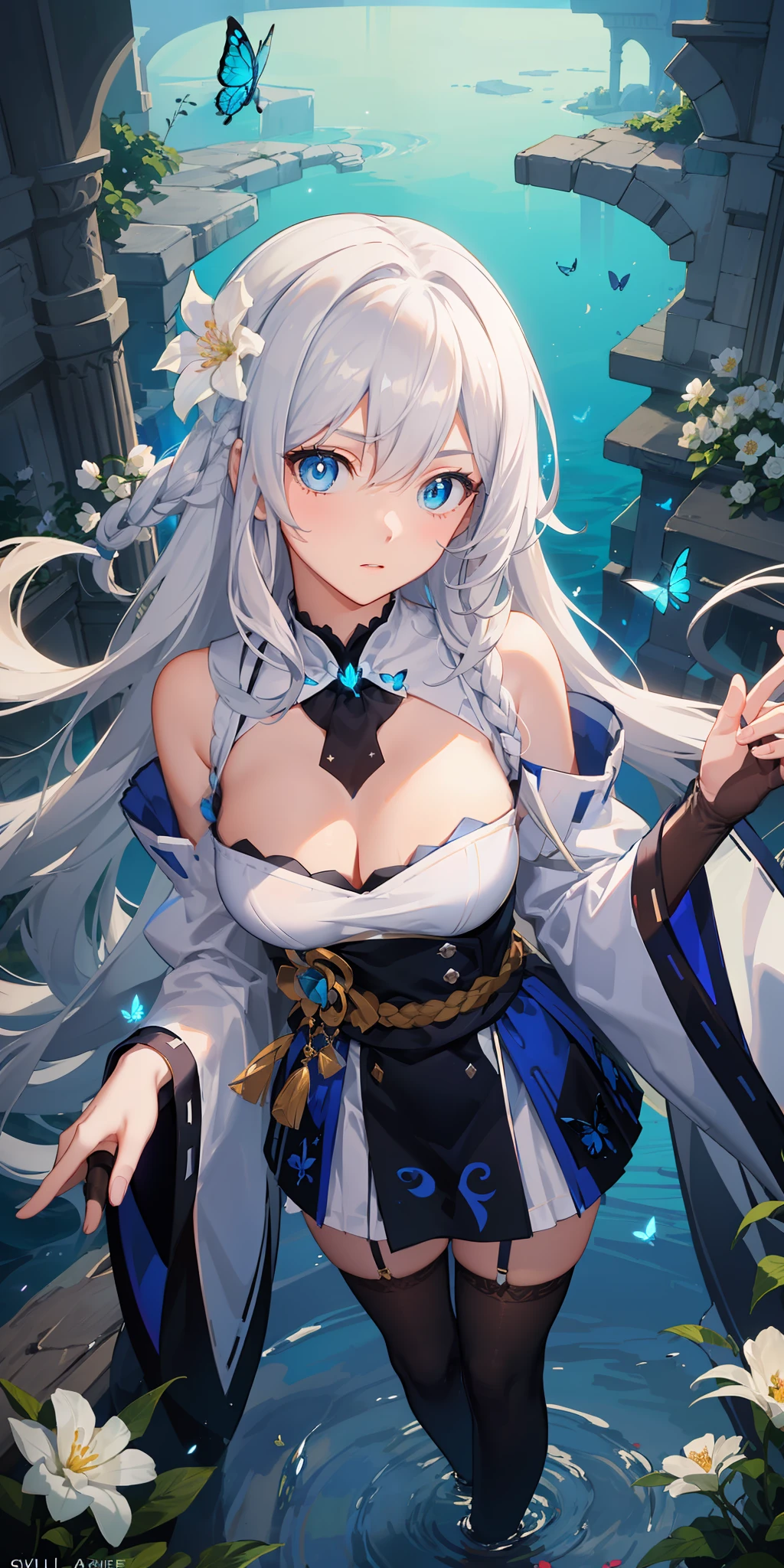(Overhead view),dynamic angle,ultra-detailed, illustration, close-up, straight on, 1girl, (fantasy:1.4), (azure blue eyes:1.233),Her eyes shone like dreamy stars,(glowing eyes:1.233),(beautiful and detailed eyes:1.1),(Silver hair:1.14),(messy hair,very long hair,french braid,hair between eyes,sidelocks), (+(bule hair flower:1.14)),(chiffon dress,bule flower pattern in uniform)/=(military uniform:1.24),(detached sleeves,wide sleeves),(fingerless gloves),choker,(miko thighhighs),High heeled boots,(expressionless,closed mouth),(standing), (classical Princess boudoir with dressing tableand french windowin a white ancient palaces),(white flowers,bloom),(abysmal sea),(flowing water),(a dull blue world tree:1.14),(ruins),(night:1.2),dreamy,soul,(fluorescence),(flying translucent blue butterflies:1.15), [[delicate fingers and hands:0.55]::0.85],(detail fingers),(yubao:0.5),