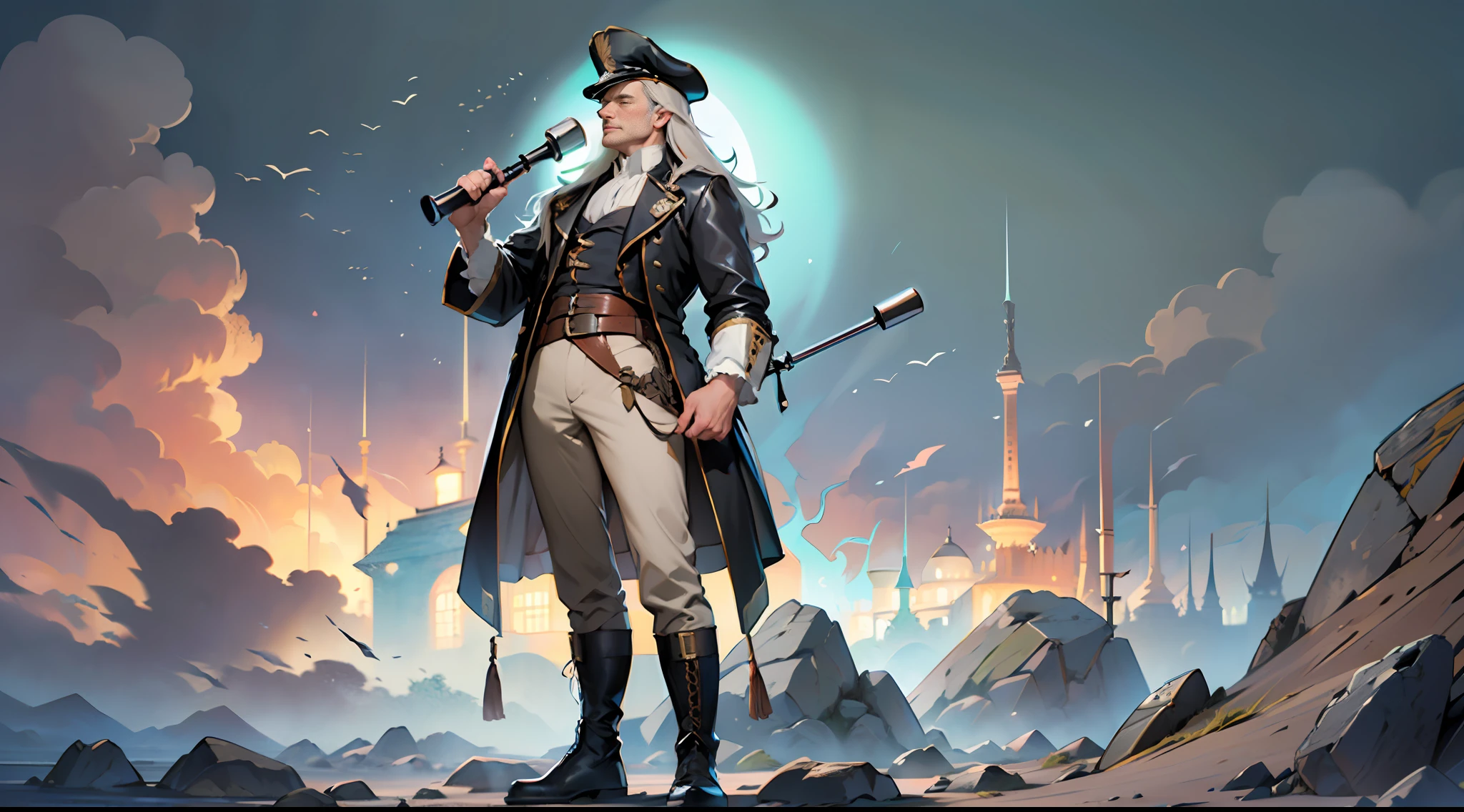 46 year-old Middle-aged captain, long hair, Captain cap, gray robe, leather belt, leather boots, holding a telescope,(18th century clothing style:1.3),(Standing posture:1.5),(full body:1.6)
