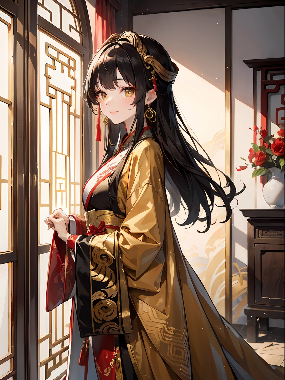 1 woman，Yellow eyes，red color Hanfu，Red Chinese wedding dress，((Black coiled hair))，Faraway view，Bright lighting，Wears a gold coat on his head，gold earring，ssmile，Stand in the room，a backdrop of：Ancient Chinese wedding room，