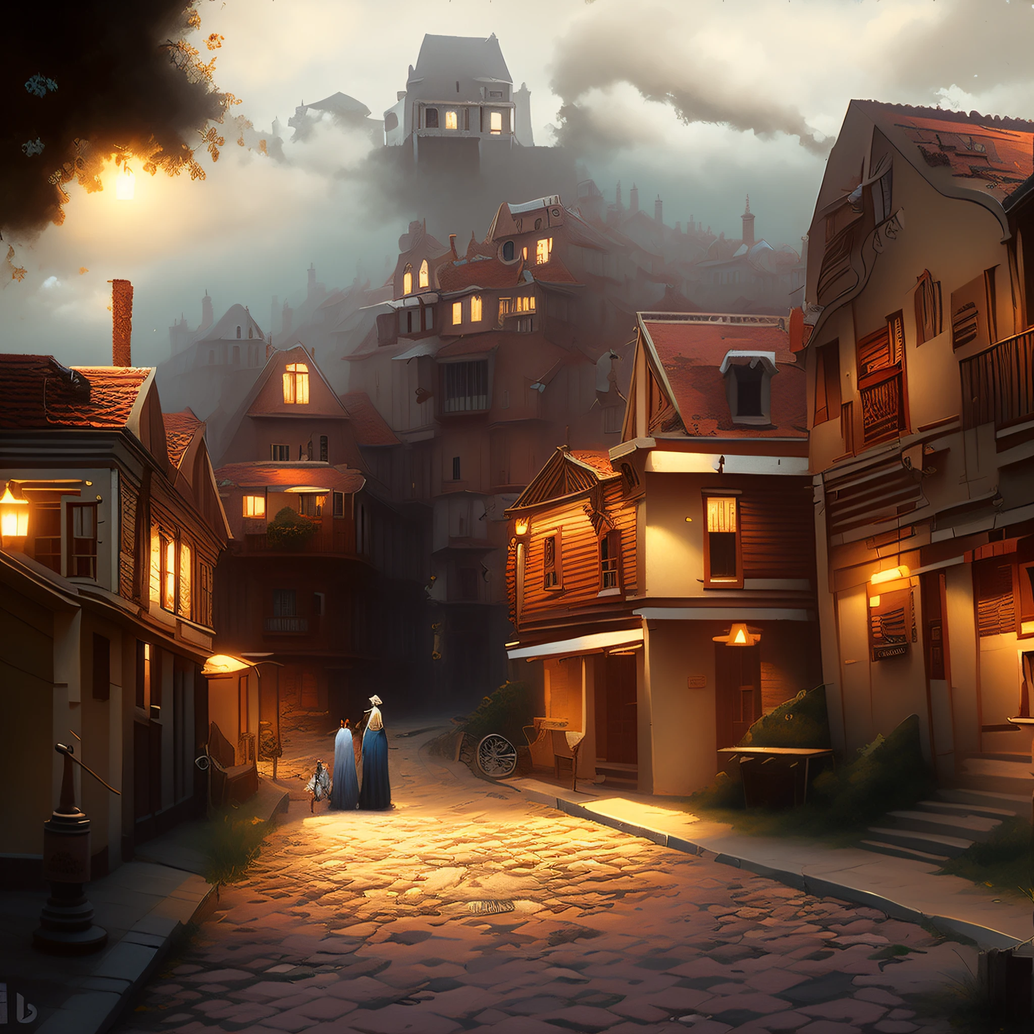 painting of a couple walking down a cobblestone street in a town, victorian city, an victorian city, victorian steampunk city vista, inspired by Carl Spitzweg, fantasy victorian art, beautiful matte painting, fantasy town setting, by Pablo Munoz Gomez, medeival fantasy town, by Krzysztof Boguszewski, matte painting”