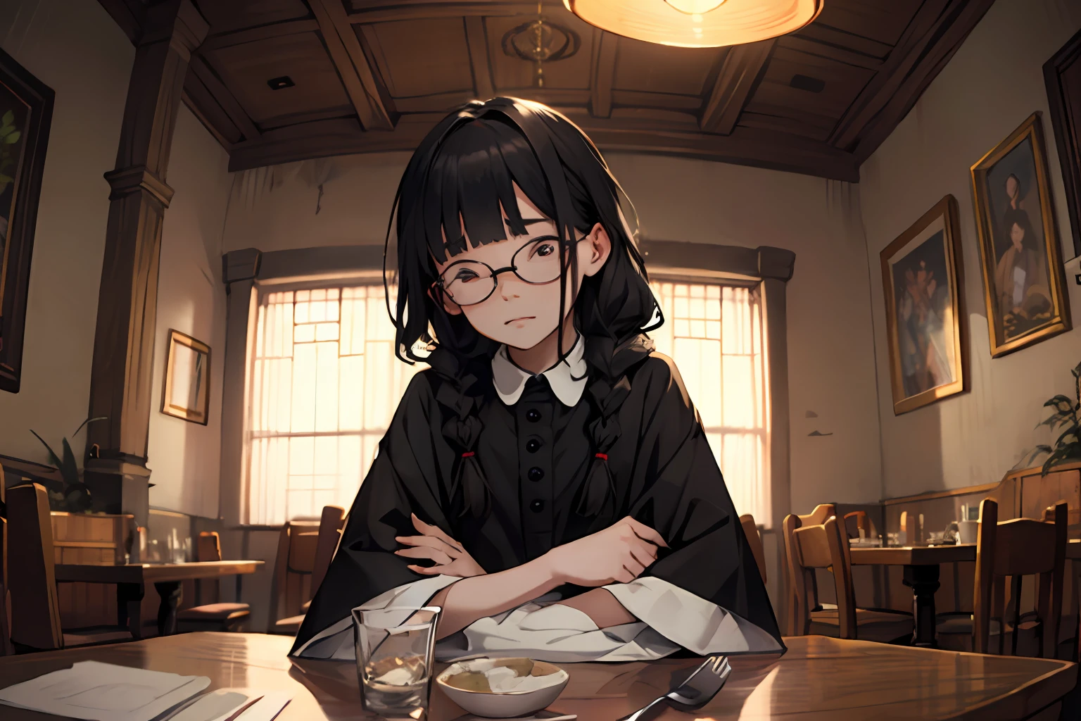 (smooth lighting), ((Beautiful eyes)),30mm lens,wide shot layout,wednesday addams BREAK 12years old,black hair,blunt bangs,pale skin,red eyes,jitome,hollow eyes, half-closed eyes,detailed eyes,beautiful eyes,hair ornaments at hexagram,1girl,solo,braid,ashamed,troubled expression,best quality,ultra-detailed,(masterpiece),looking away,in Cheap Italian Restaurant,Empty dishes and glasses on the table,shock