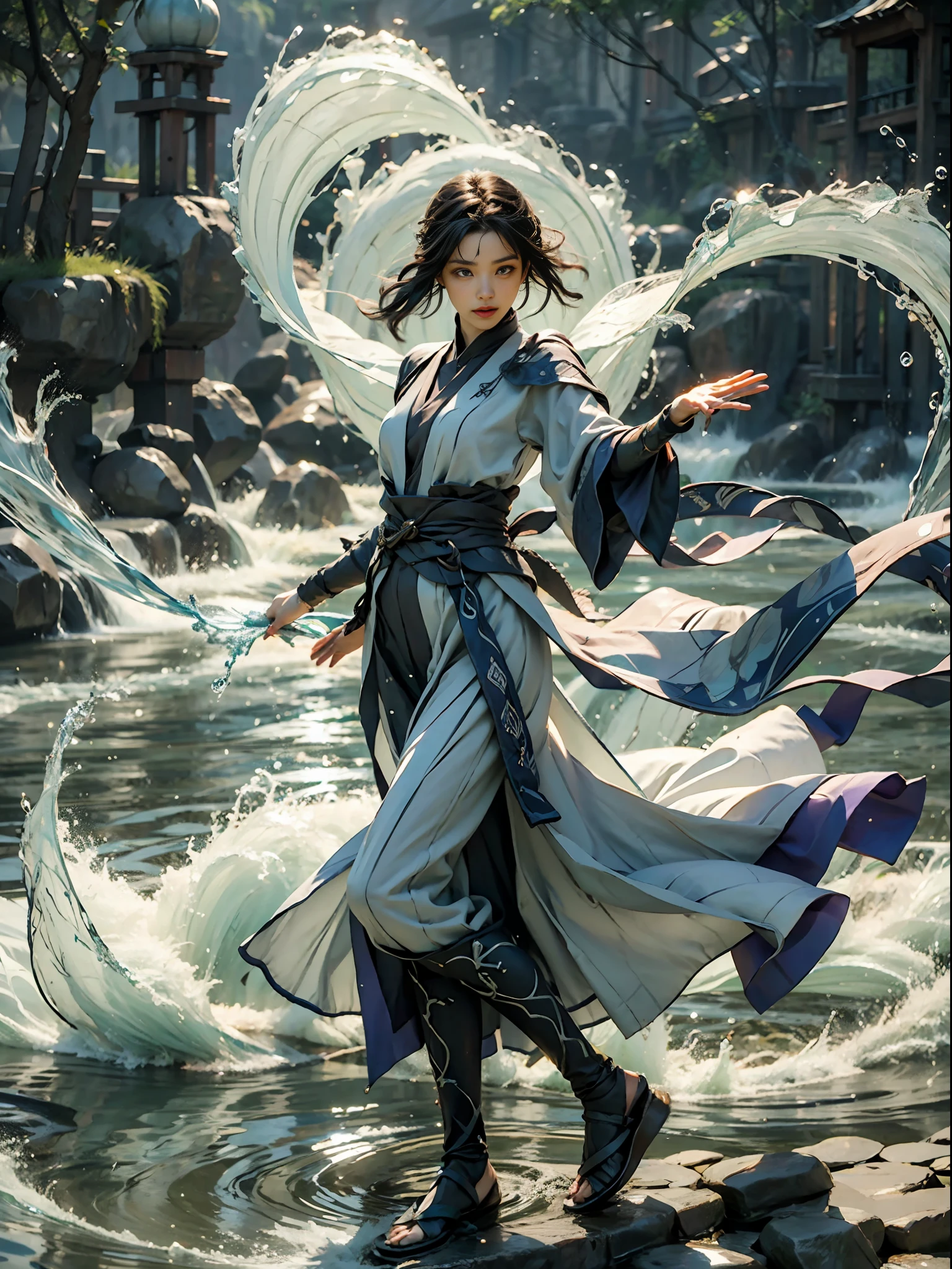 ((best quailty)), ((tmasterpiece)), (A detailed), (Realistis), (offcial art), (Very detailed CG unity 8k wallpaper), (Water magic:1.2), (Manipulating water:1.1), (element control:1.2), (graceful movements:1.1), (Aquatic beauty:1.2), (Mysterious powers:1.2), (Serene expression:1.1), (Flowing tides:1.2), (Sparkling water droplets:1.2), (magic aura:1.1), (magic incantation:1.2), (Ripple waves:1.2), (Splendid water formation:1.1), (Emerges from a whirlpool of water:1.2), (Resonate with nature:1.2),(commanding the elements:1.2),(translucent veils:1.1),(Wisdom and strength:1.2),(swirls of magic:1.2),(Glowing zigzag:1.1),(Harmony with the sea:1.2),(Mysterious origins:1.2),(harmonious balance:1.1),(The power of tranquility:1.2),(A fascinating spectacle:1.2),(Immerse yourself in liquid magic:1.1),The proportions are correct,semi transparent
