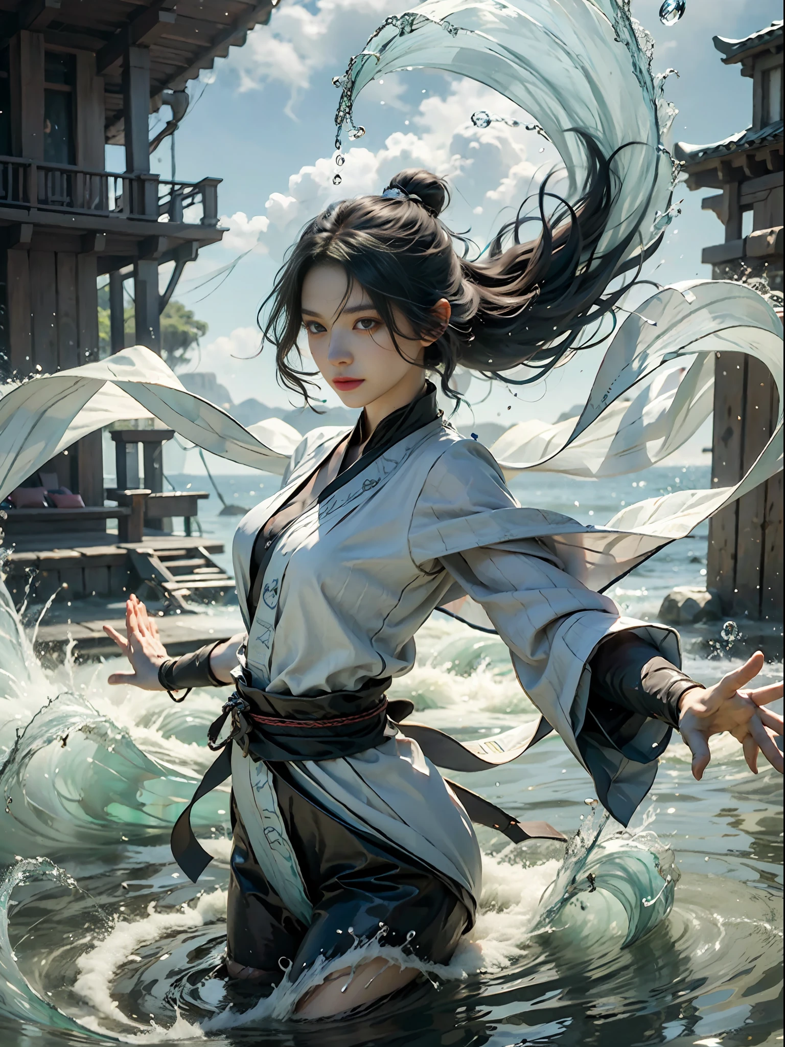 ((best quailty)), ((tmasterpiece)), (A detailed), (Realistis), (offcial art), (Very detailed CG unity 8k wallpaper), (Water magic:1.2), (Manipulating water:1.1), (element control:1.2), (graceful movements:1.1), (Aquatic beauty:1.2), (Mysterious powers:1.2), (Serene expression:1.1), (Flowing tides:1.2), (Sparkling water droplets:1.2), (magic aura:1.1), (magic incantation:1.2), (Ripple waves:1.2), (Splendid water formation:1.1), (Emerges from a whirlpool of water:1.2), (Resonate with nature:1.2),(commanding the elements:1.2),(translucent veils:1.1),(Wisdom and strength:1.2),(swirls of magic:1.2),(Glowing zigzag:1.1),(Harmony with the sea:1.2),(Mysterious origins:1.2),(harmonious balance:1.1),(The power of tranquility:1.2),(A fascinating spectacle:1.2),(Immerse yourself in liquid magic:1.1),The proportions are correct,semi transparent