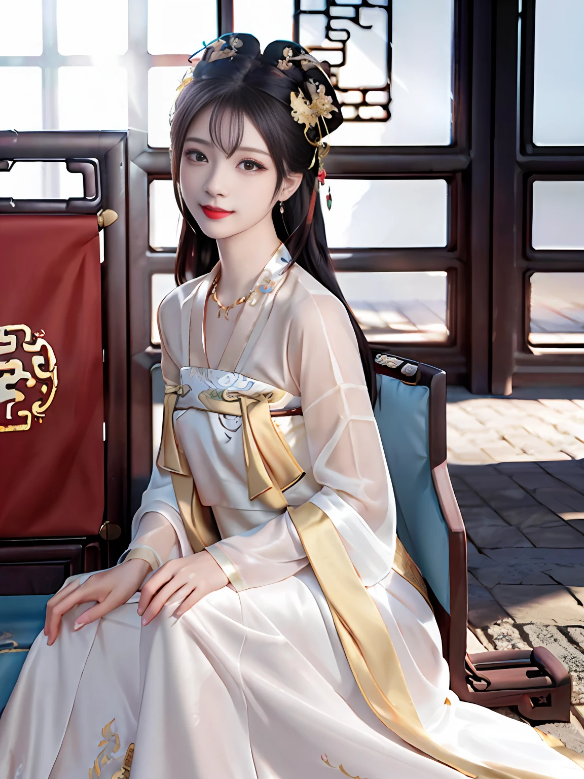 Best quality,masterpiece,high resolution,1 girl,(hanfu:1.2),(gold thread stitching:1.1),White translucent silk dragon robe,(Translucent Silk Dragon Robe:1.3),(Inside the ancient Chinese palace:1.2),(smile:1.1),lips,dress,(hair accessories:1.2),(Ancient Chinese dragon chair:1.3),necklace,(jewelry:1.1),long hair,Medium chest,earrings,delicate beautiful eyes,delicate eyelashes,beautiful face,upon_body,tyndall effect,(realistic:1.2),edge lighting,two-tone lighting,(high detail skin:1.2),8K UHD,DSLR camera,soft light,high quality,volumetric light,snapshot,(photo:1.1),high resolution,supreme,high resolution,detailed eyelashes,beautiful face,body,tyndall effect,two-tone lighting,(high detail skin:1.2),8k ultra high definition,soft light,high quality,volumetric lighting,candid shooting,(low angle shot:1.1),