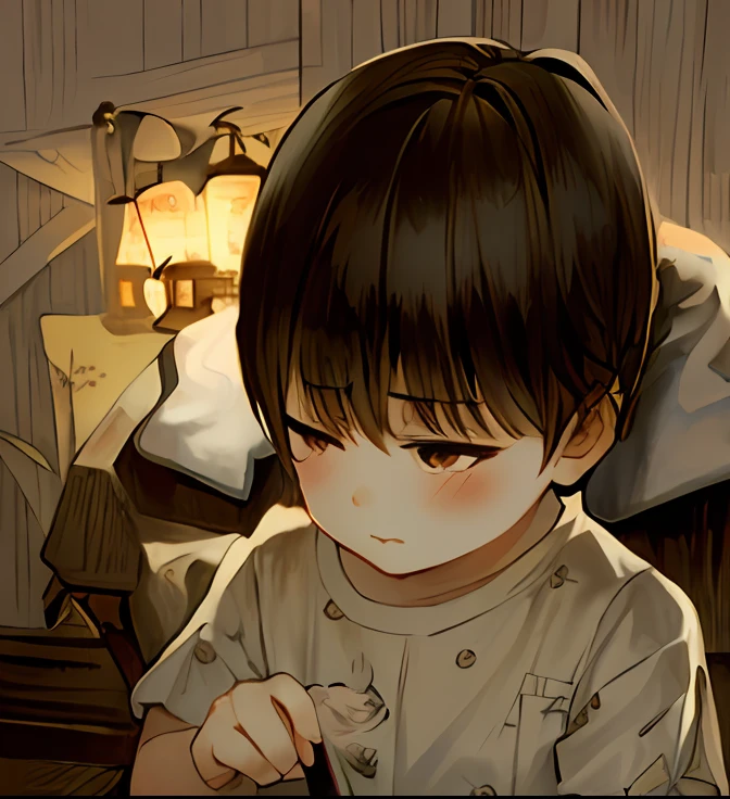 ((Little girl with her head bowed)),Sullen nonsense,Rembrandt light,Dark tone,planar,Soft light,Dark red tones。