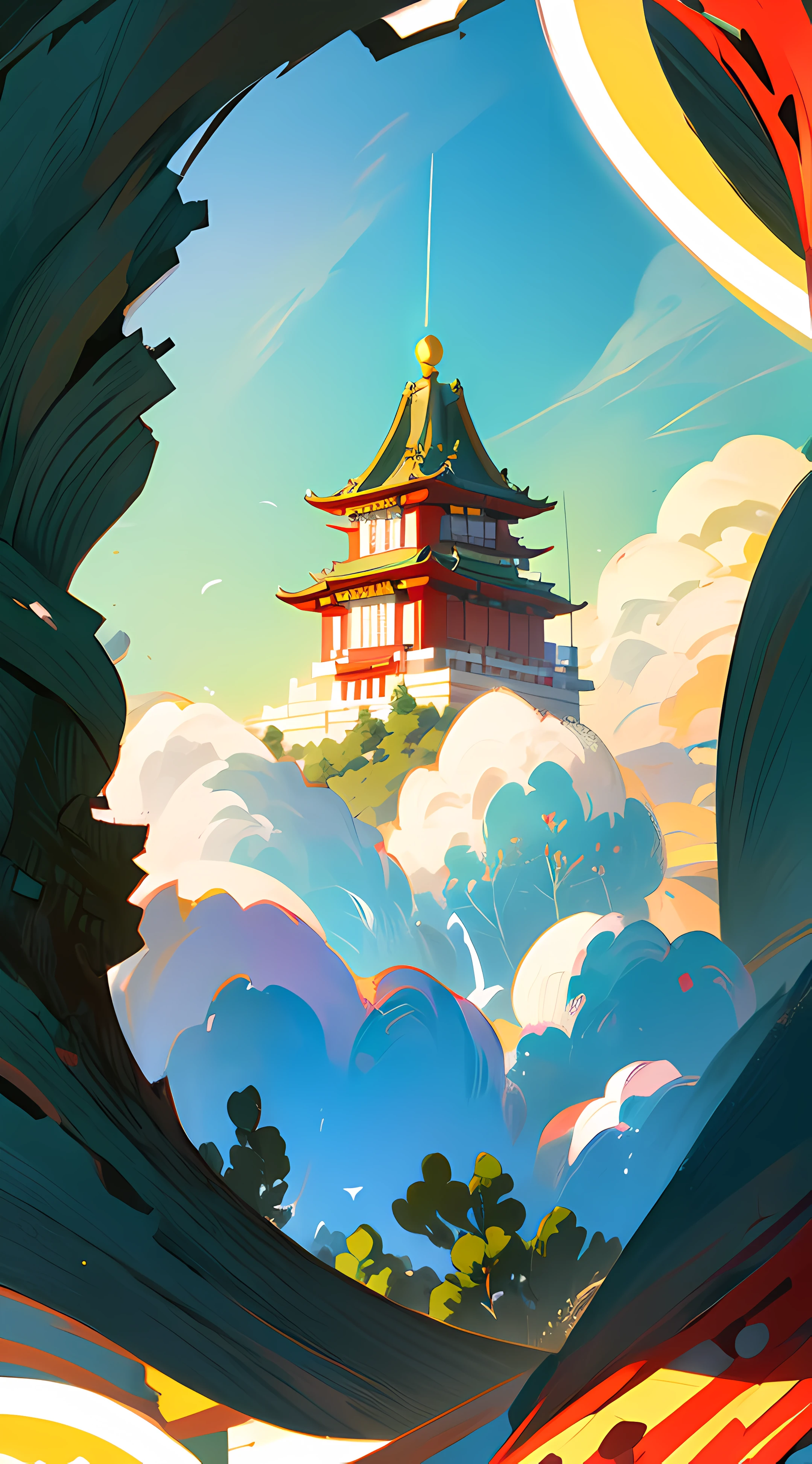 Panorama painting。There are no characters。A Tibetan palace on the grassland,Red wall golden tile,Spread with glazed colors。The sun poured down in the sky --v6