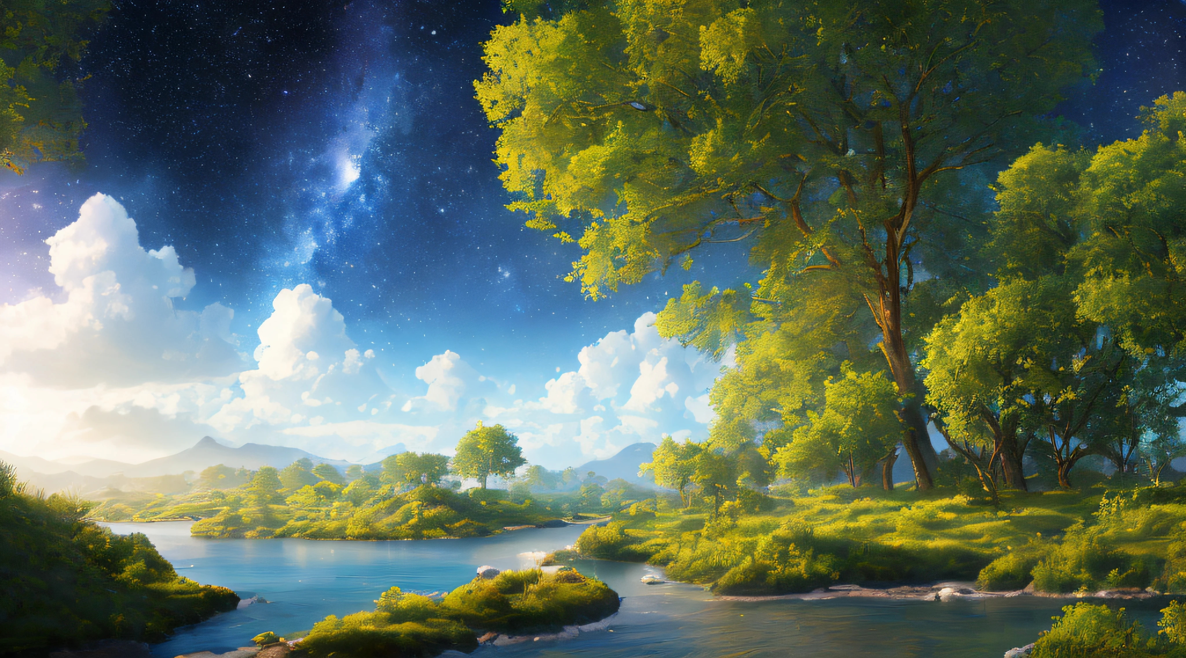 Illustration of a hyperrealistic , otherworldly, ultrasky scene featuring a giant crystal tree full body,very detailed and magical lighting, intricate forest details, vegetation and river around, solarpunk ,landscape, giant tree, beatifull leafy with beautiful lighting and realistic proportions, as if it were a cinematic background, 8k, highest quality, masterpiece, clouds and stars in the sky.