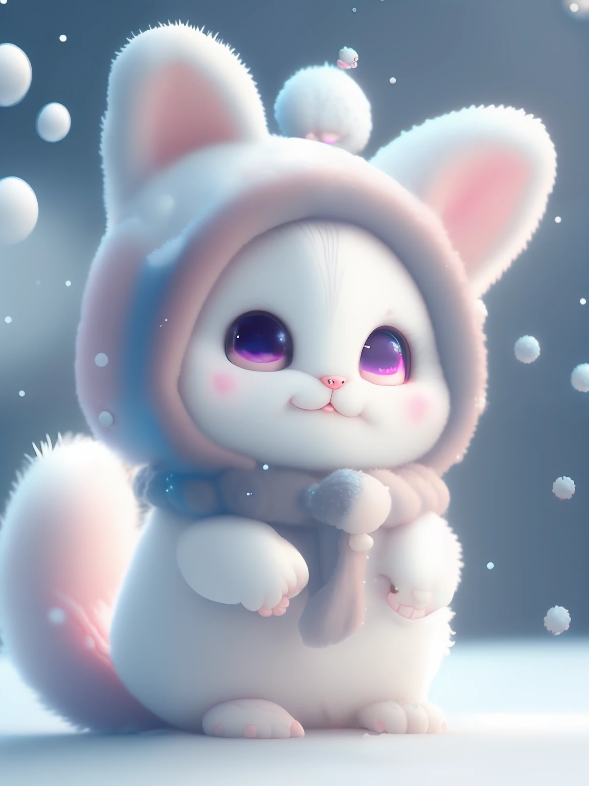 a cute little cat+Snow-white furry，Big bright eyes，A sweet smile，A sweet smile，Open-mouthed！！！，Dress up as a fashion model，Wearing a stylish suit with pink crystal texture，Hats and handbags，Snow white fluffy，Big bright eyes，Big bright eyes，standingn，Fluffy tail，Winter rises，The snow flutters gently，Extremely detailed 3D animation renders symmetrical center position， Super realistic， super detailing， posh， 3， 电影灯光， ultra clear details， Ultra-transparent material， Close-up of， complex texture， rendering by octane， zbrush， 8K， Ultra-realistic UREAL，Open-mouthed！！！，rightward！！！