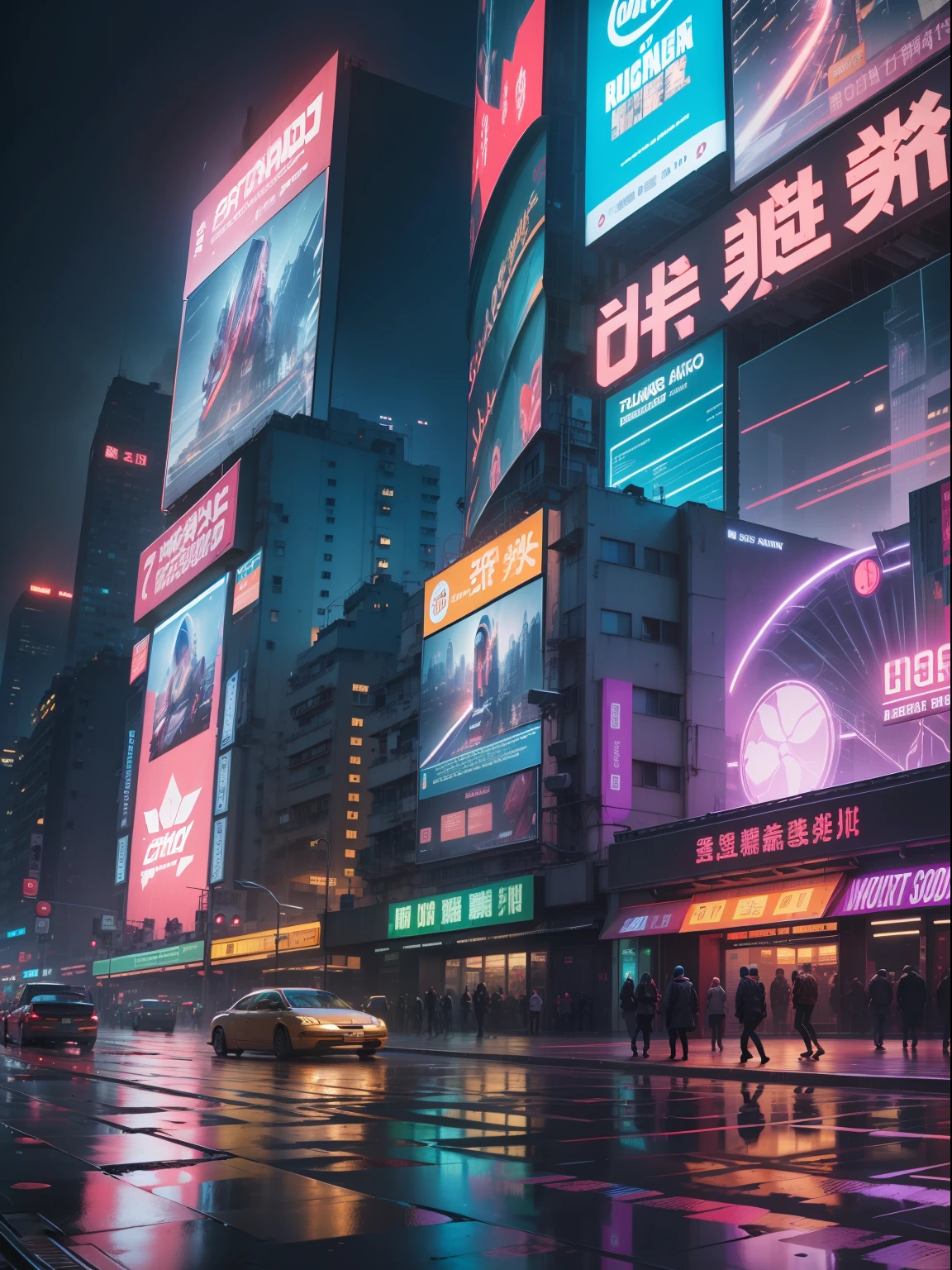 Night City,Futuristic architecture,Huge video walls and puddles reflective,Neon lights illuminate the railway,Blade runner city,Hong Kong at night,advertising billboard(Weight 1.2),A combination of cinematic atmosphere and original art,Focus on matte and modeling,Multi-channel exposure,An animated film with a sense of the times influenced by Italian architect Santa Elia.