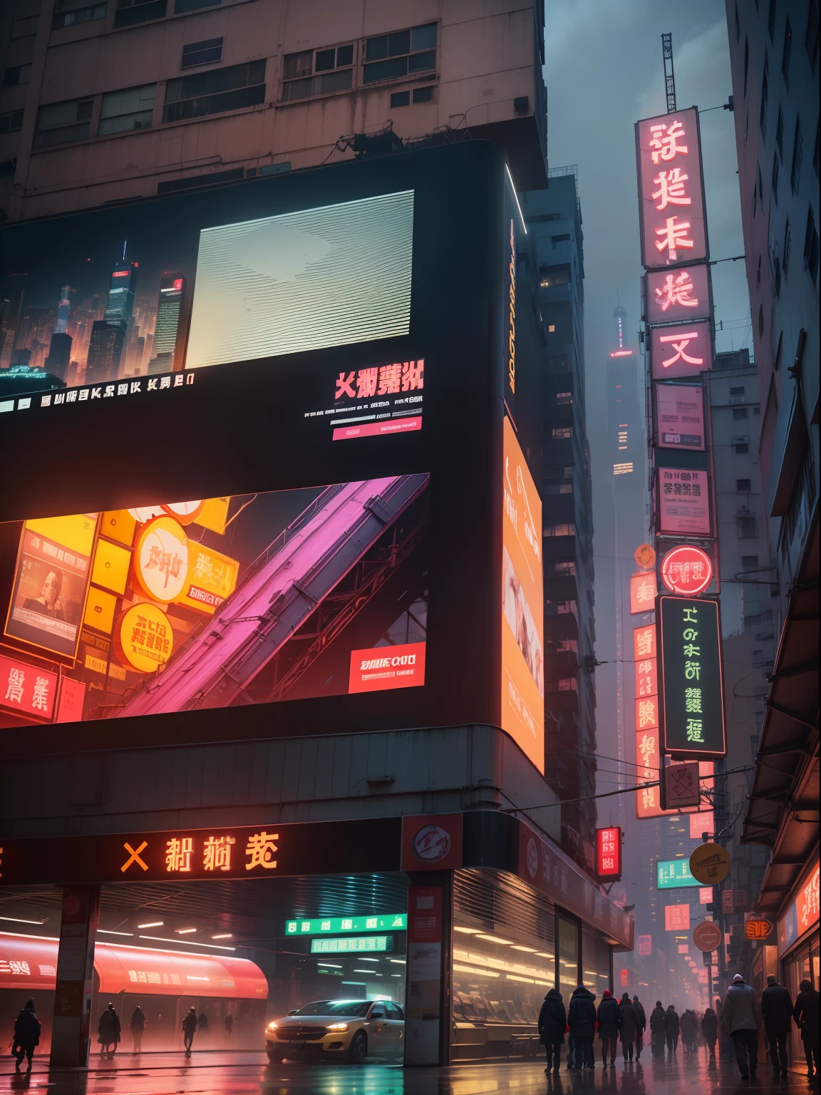 Night City,Futuristic architecture,Huge video walls and puddles reflective,Neon lights illuminate the railway,Blade runner city,Hong Kong at night,advertising billboard(Weight 1.2),A combination of cinematic atmosphere and original art,Focus on matte and modeling,Multi-channel exposure,An animated film with a sense of the times influenced by Italian architect Santa Elia.