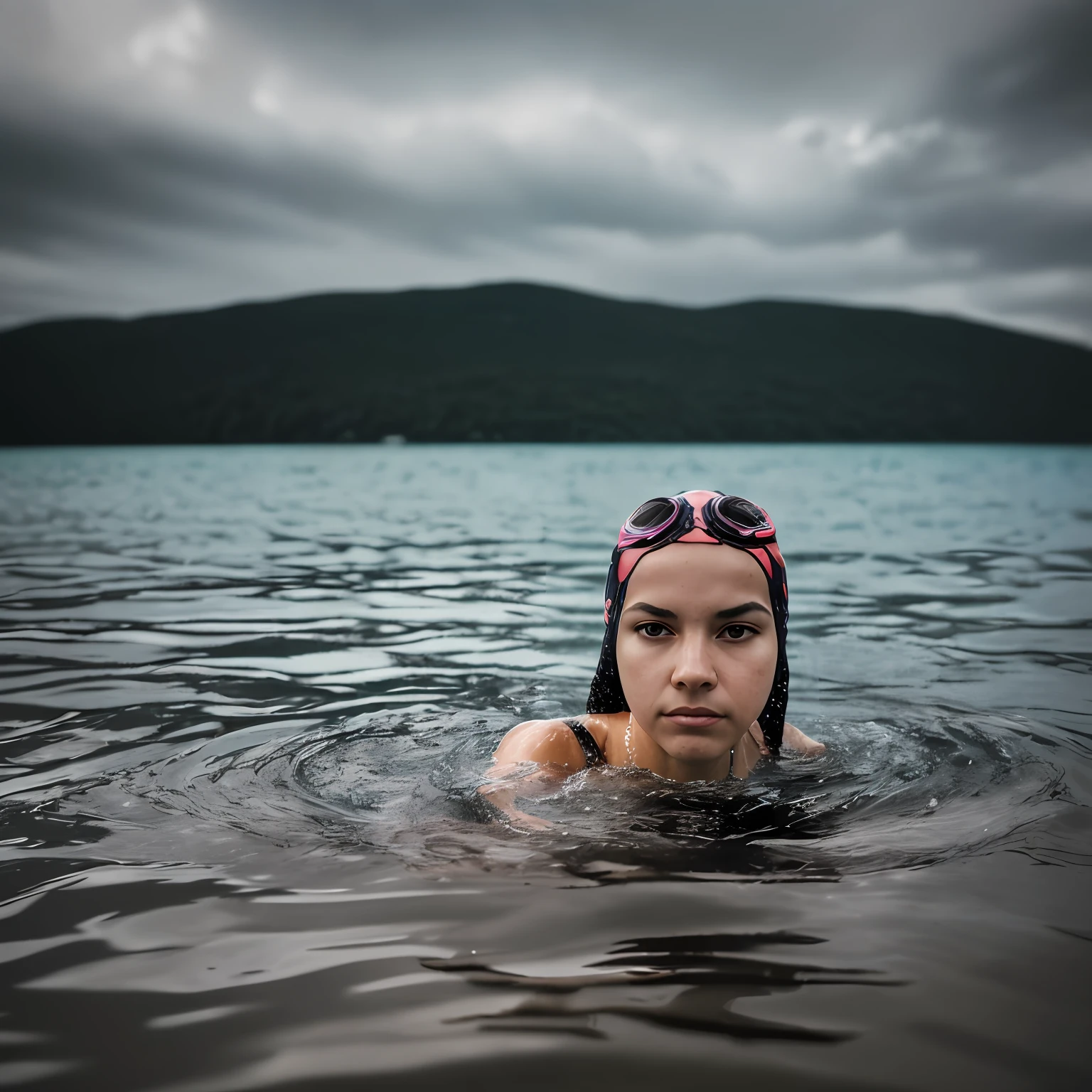 analog style, RAW photo, photography, hyper photorealistic, sharp focus, amateur photo of woman swim in middle of the sea, (half body inside water:1.3), wet, day time, clear cloudy sky, an island far in background, soft natural raw lighting, highly detailed, best quality, ultra detailed, extremely detailed, taken from mobile camera, f/22, deep depth of field, grain, noise, flashlight, (long shot:1.2) --auto