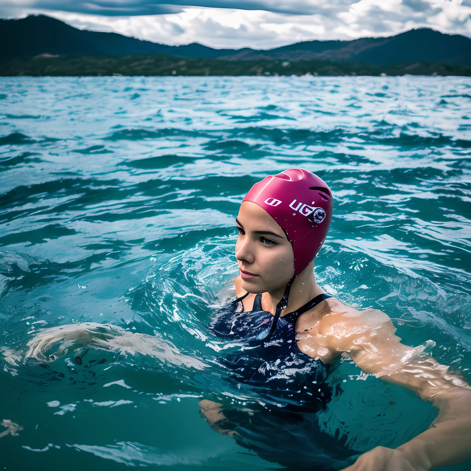 analog style, RAW photo, photography, hyper photorealistic, sharp focus, amateur photo of woman swim in middle of the sea, (half body inside water:1.3), wet, day time, clear cloudy sky, an island far in background, soft natural raw lighting, highly detailed, best quality, ultra detailed, extremely detailed, taken from mobile camera, f/22, deep depth of field, grain, noise, flashlight, (long shot:1.2) --auto