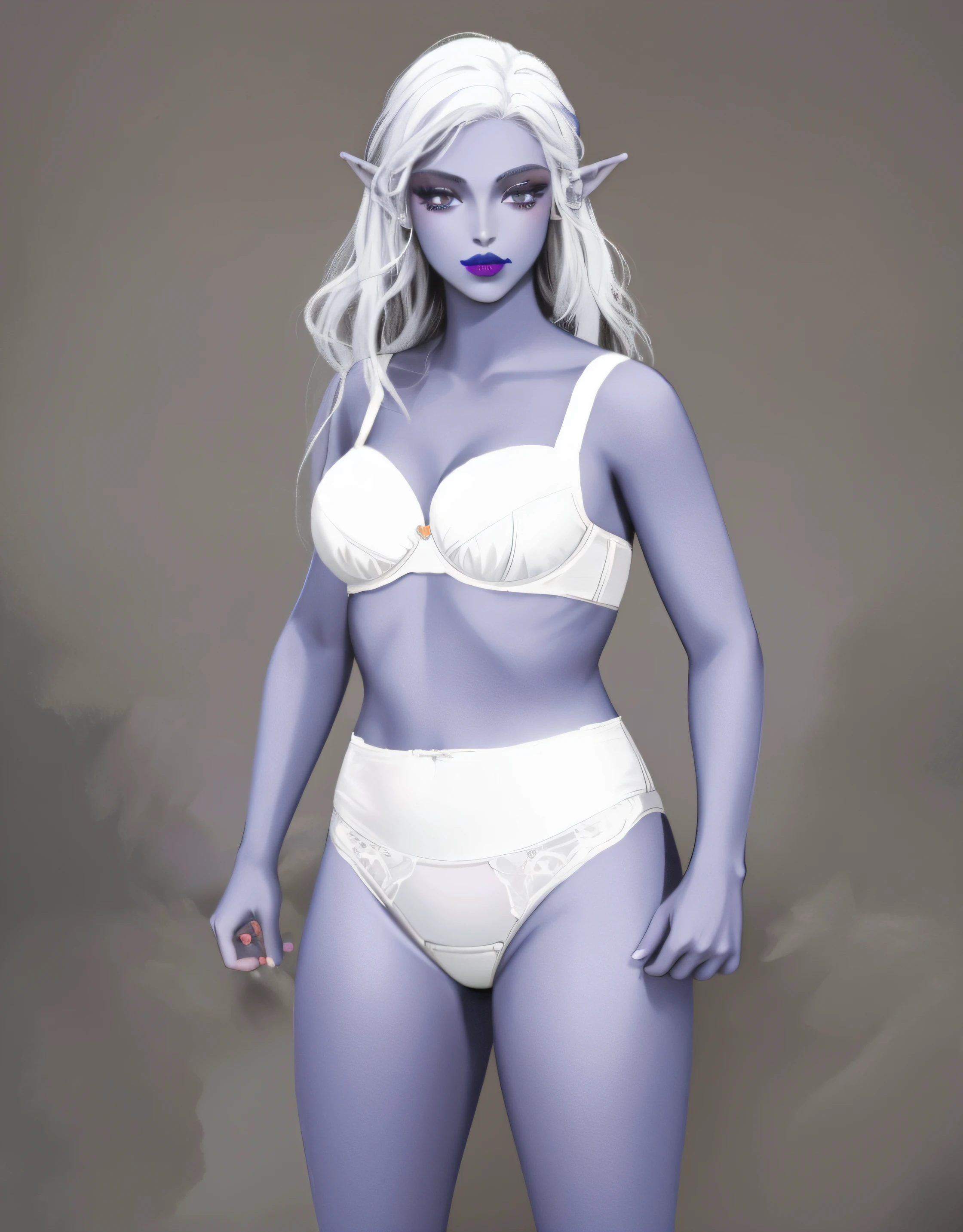 Dark Elf woman with white hair, in white bra, and white high cut panties, purple lipstick, comic book art style, intricate details