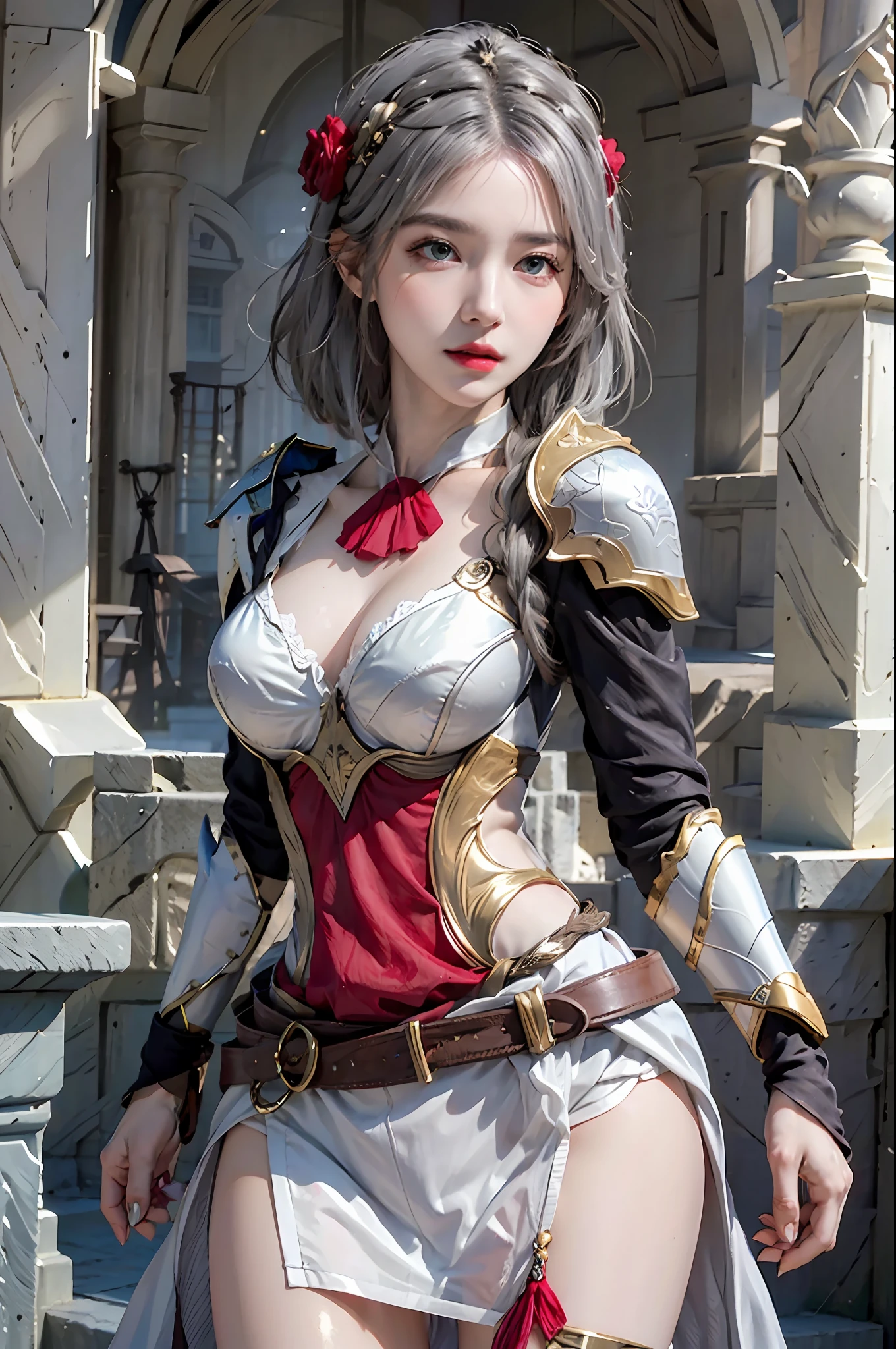 photorealistic, high resolution, 1 girl, hips up, beautiful eyes, braid, armor, braided bangs, short hair, grey hair, hair ornament, rose, dress, noelle_\(genshin_impact\)